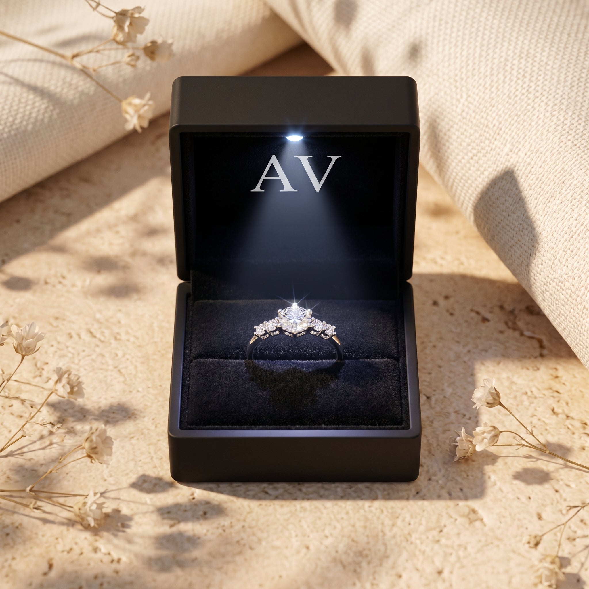 Round cut moissanite ring presented in a black velvet LED-lit gift box with AV branding.