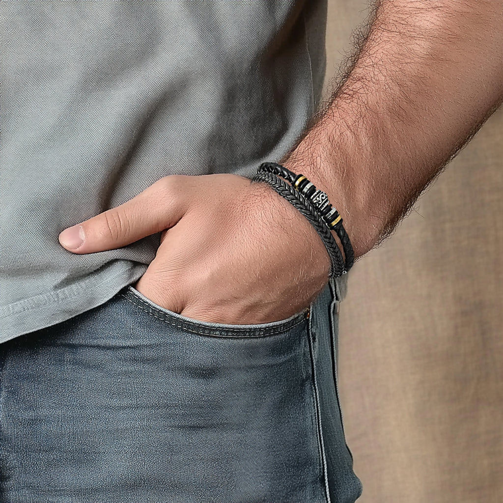 Close-up of bracelet for son from mother with premium materials and sleek design.