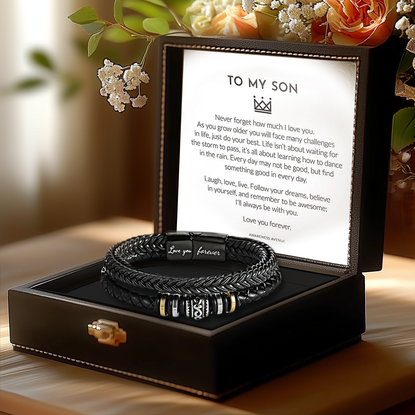 Bracelet for son from mother with heartfelt engraved message and modern design.