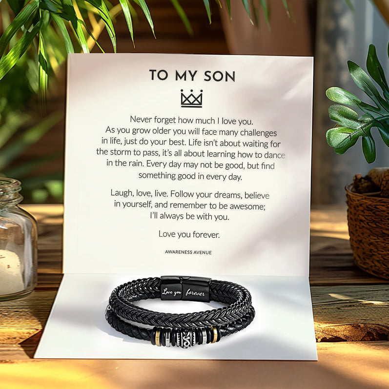 Sleek mom and son bracelet in black leather with adjustable sizing options.