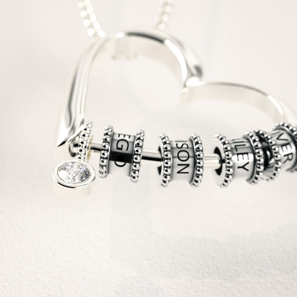 刻印ビーズ付きハートネックレス & ダイヤモンド