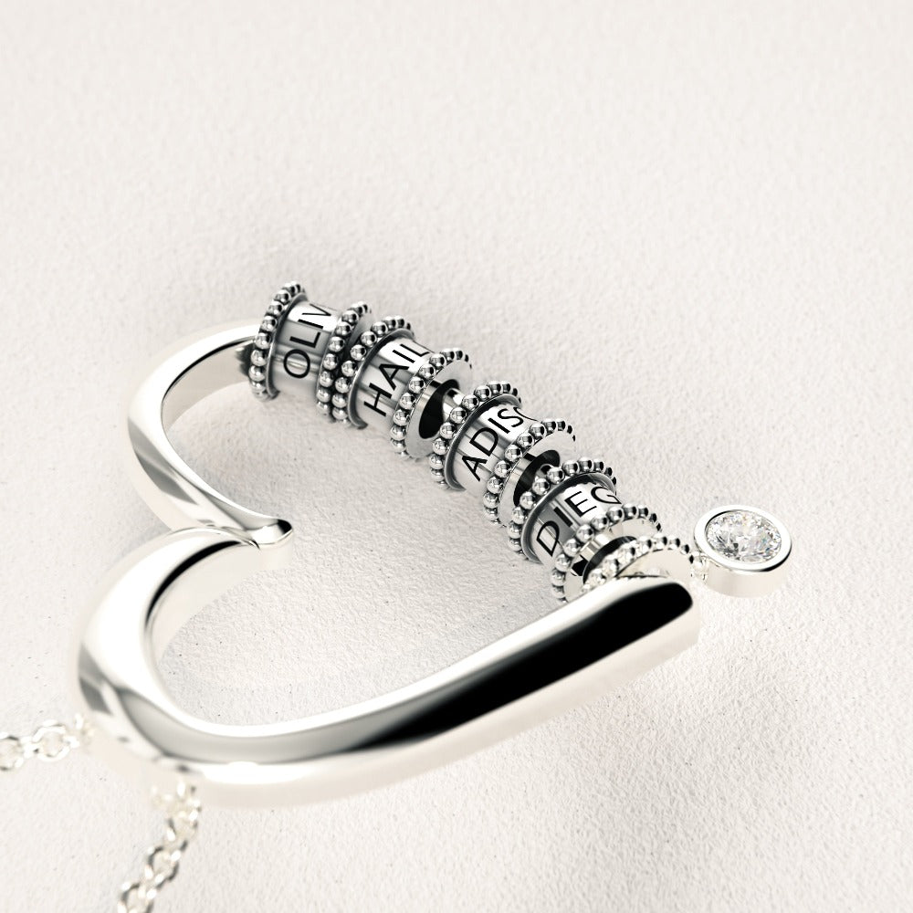 刻印ビーズ付きハートネックレス & ダイヤモンド