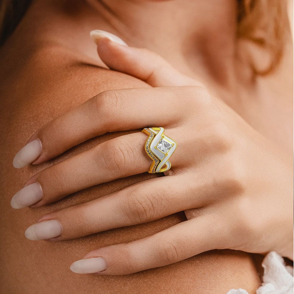 スノーウェーブ:ダイヤモンド2ピースリングセット - 18Kゴールドヴェルメイユ