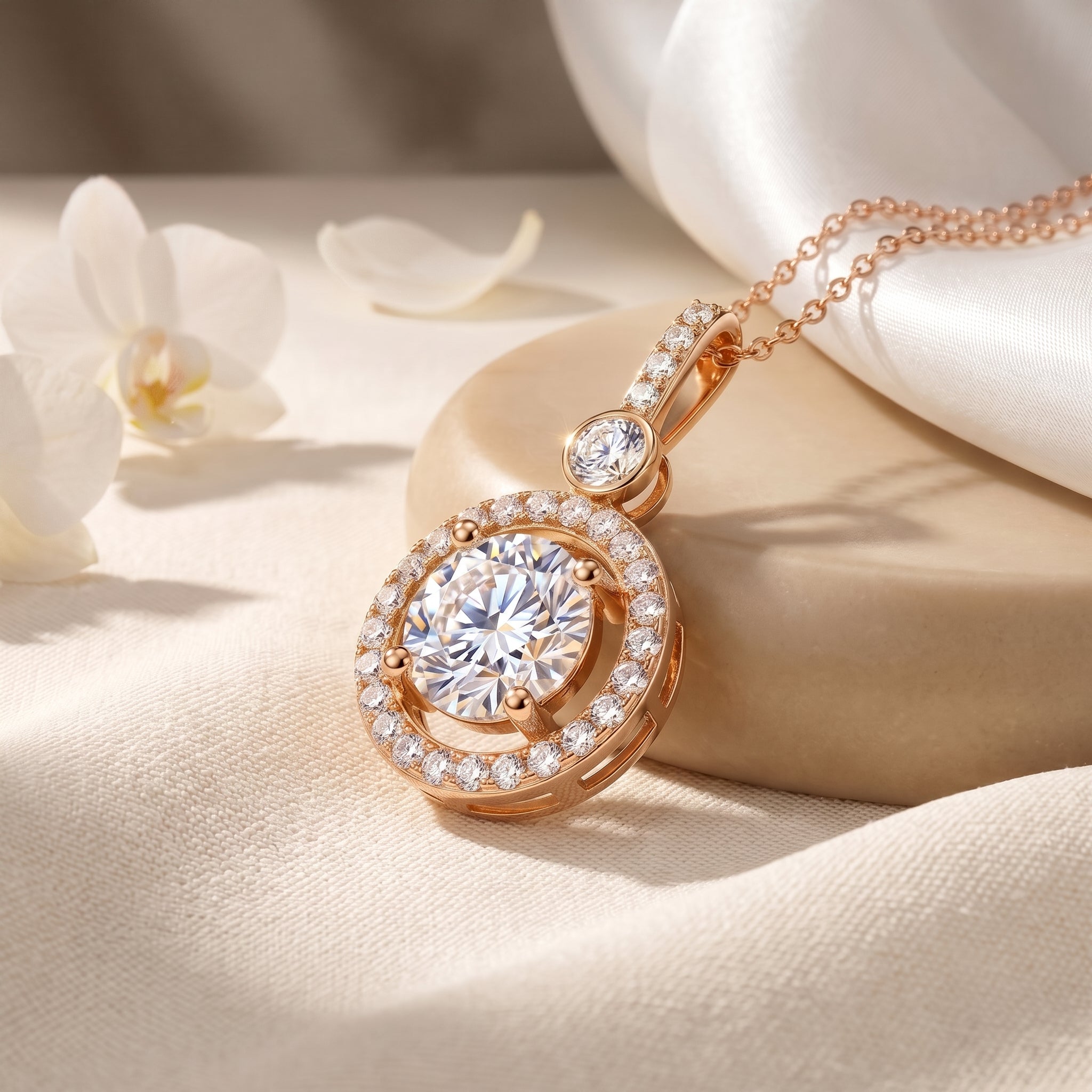 The Antoinette moissanite halo pendant necklace in solid rose gold.