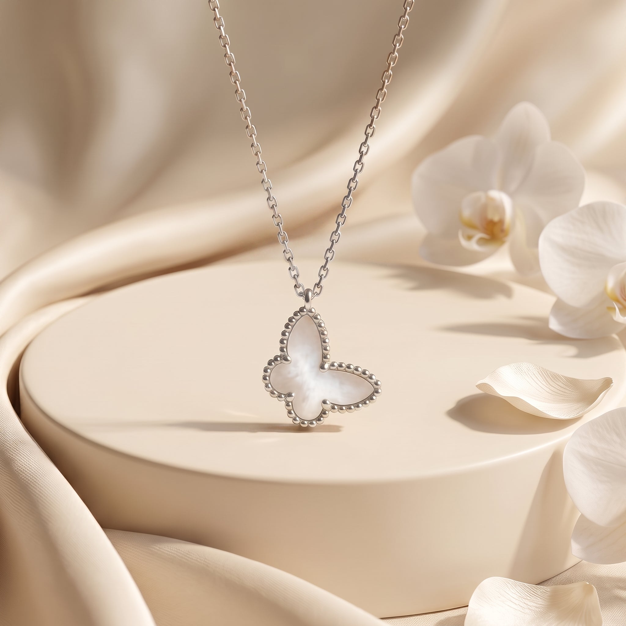 Farfalla Mother of Pearl butterfly necklace in solid white gold.