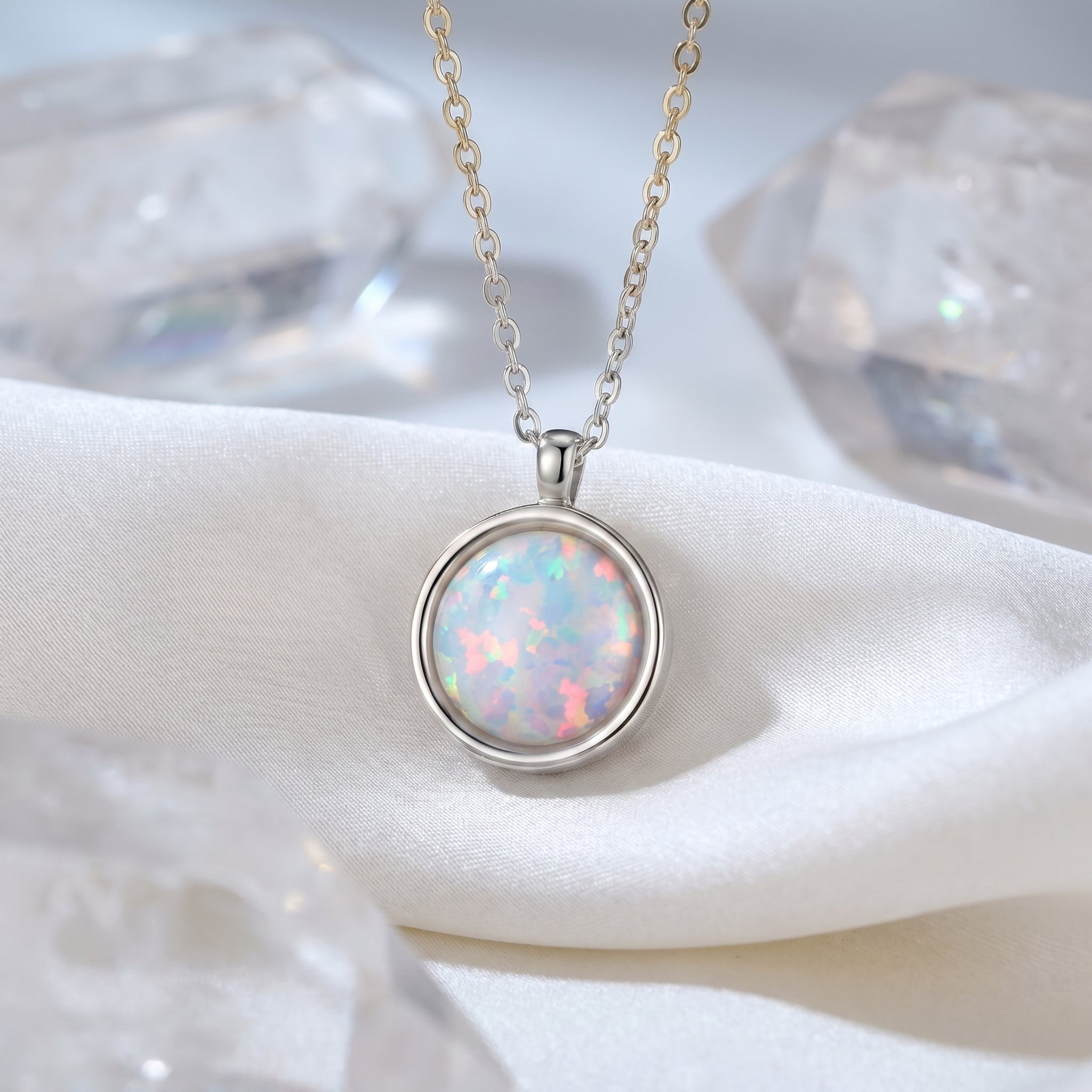 The Fiora Halo natural opal necklace in white gold.