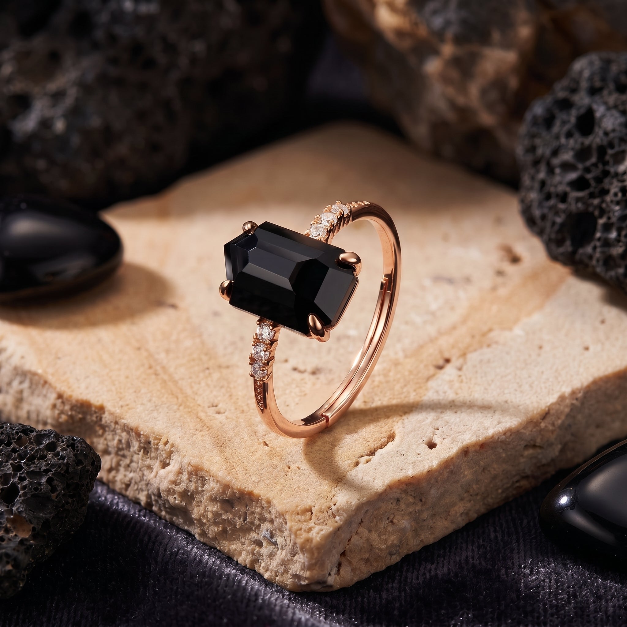 The Noctura natural onyx ring in solid rose gold.
