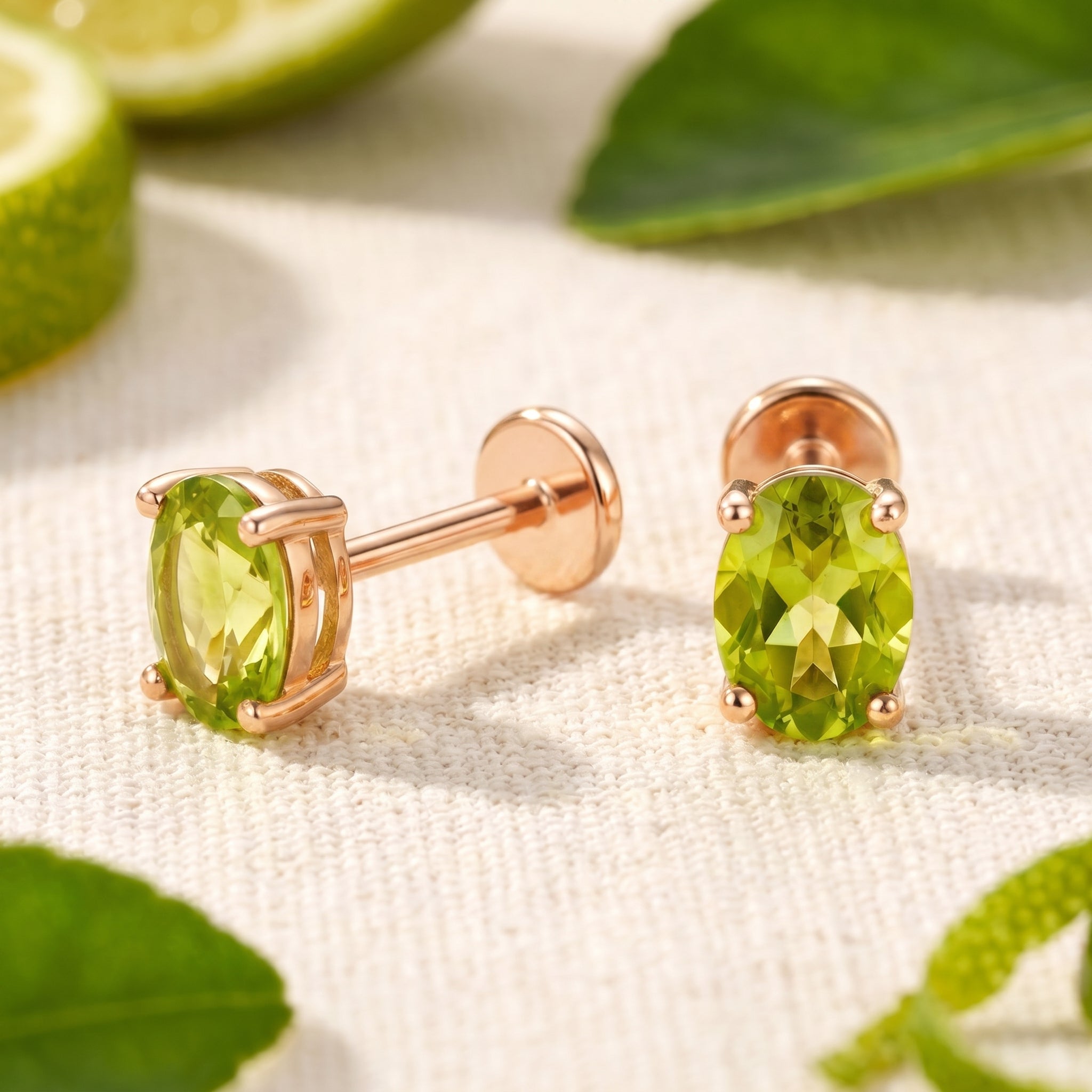 Periselle Oval simulated peridot stud earring in solid rose gold.