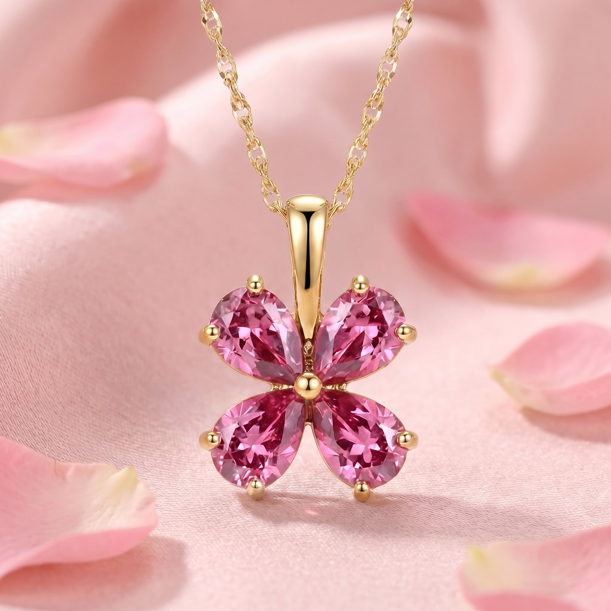 Petalina flower necklace with simulated pink tourmalines in solid yellow gold.