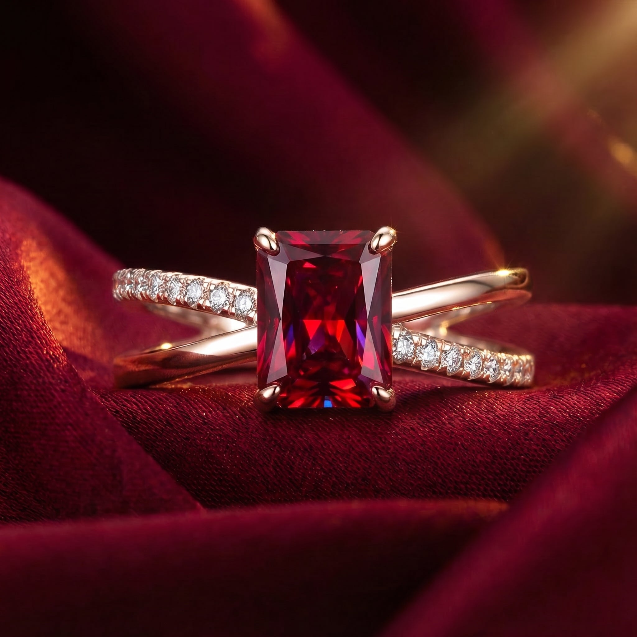 Radiant cut simulated ruby ring in solid rose gold.