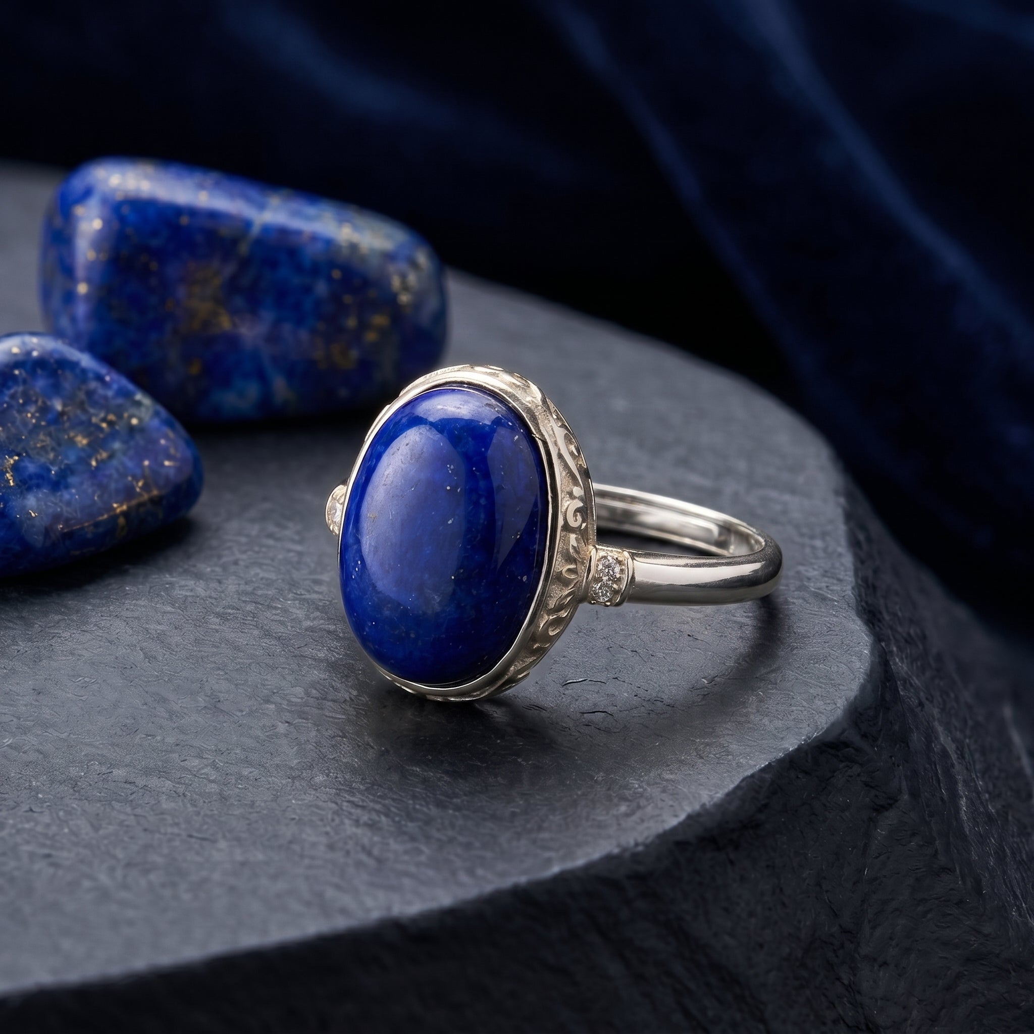 Solid white gold lapis lazuli ring.