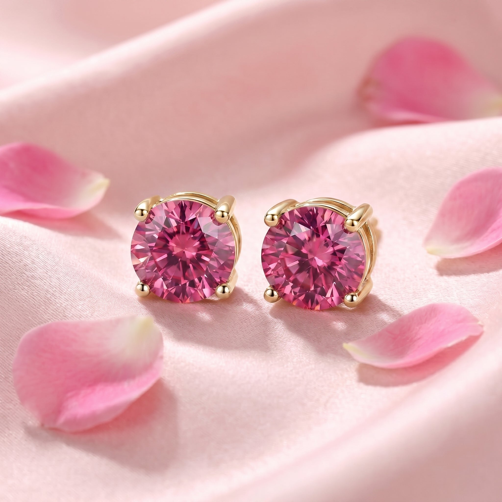 Simulated pink tourmaline stud earrings in 14K Solid Yellow Gold.