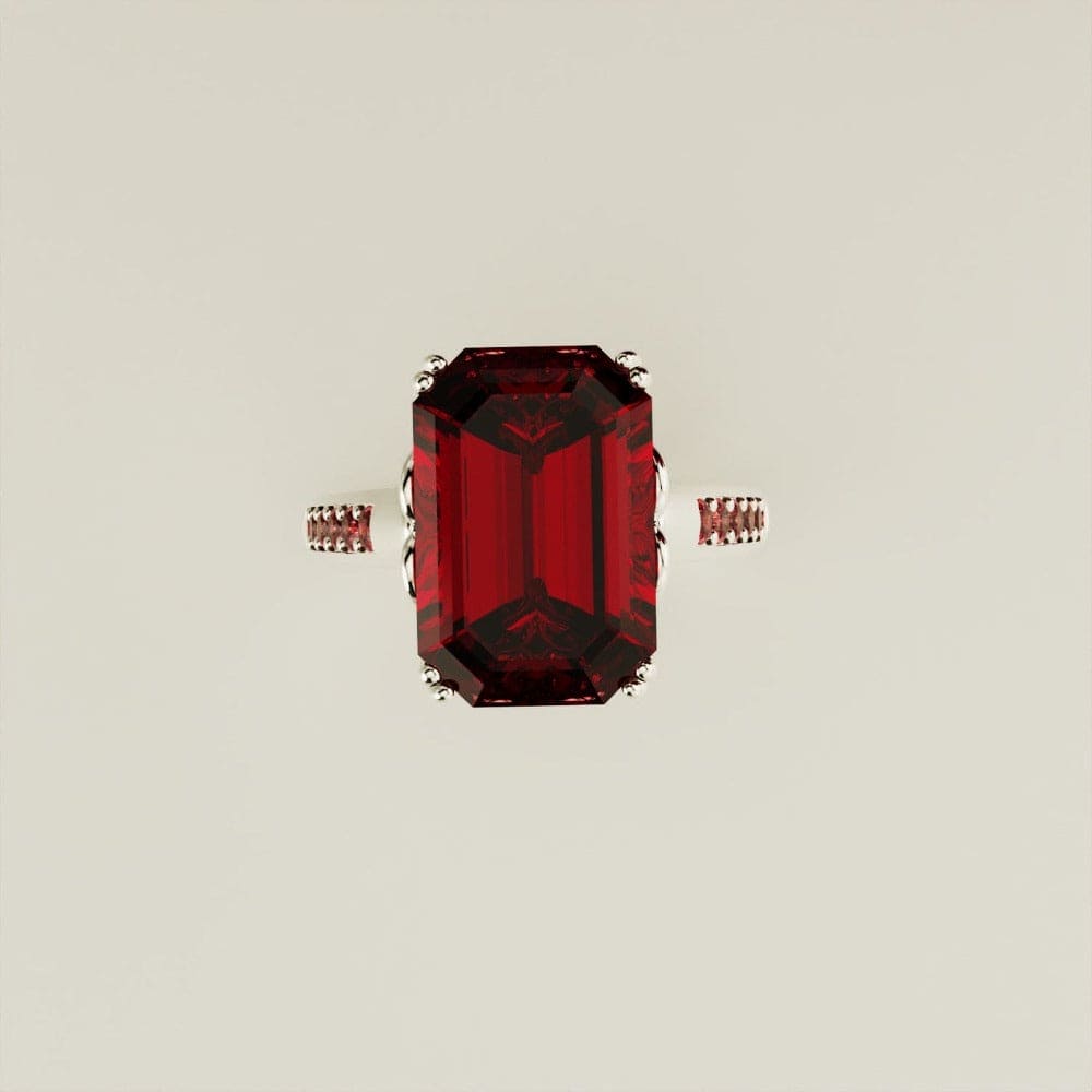 レッドドリーム:エメラルドカット ルビー スカルプテッドリング - S925 スターリングシルバー
