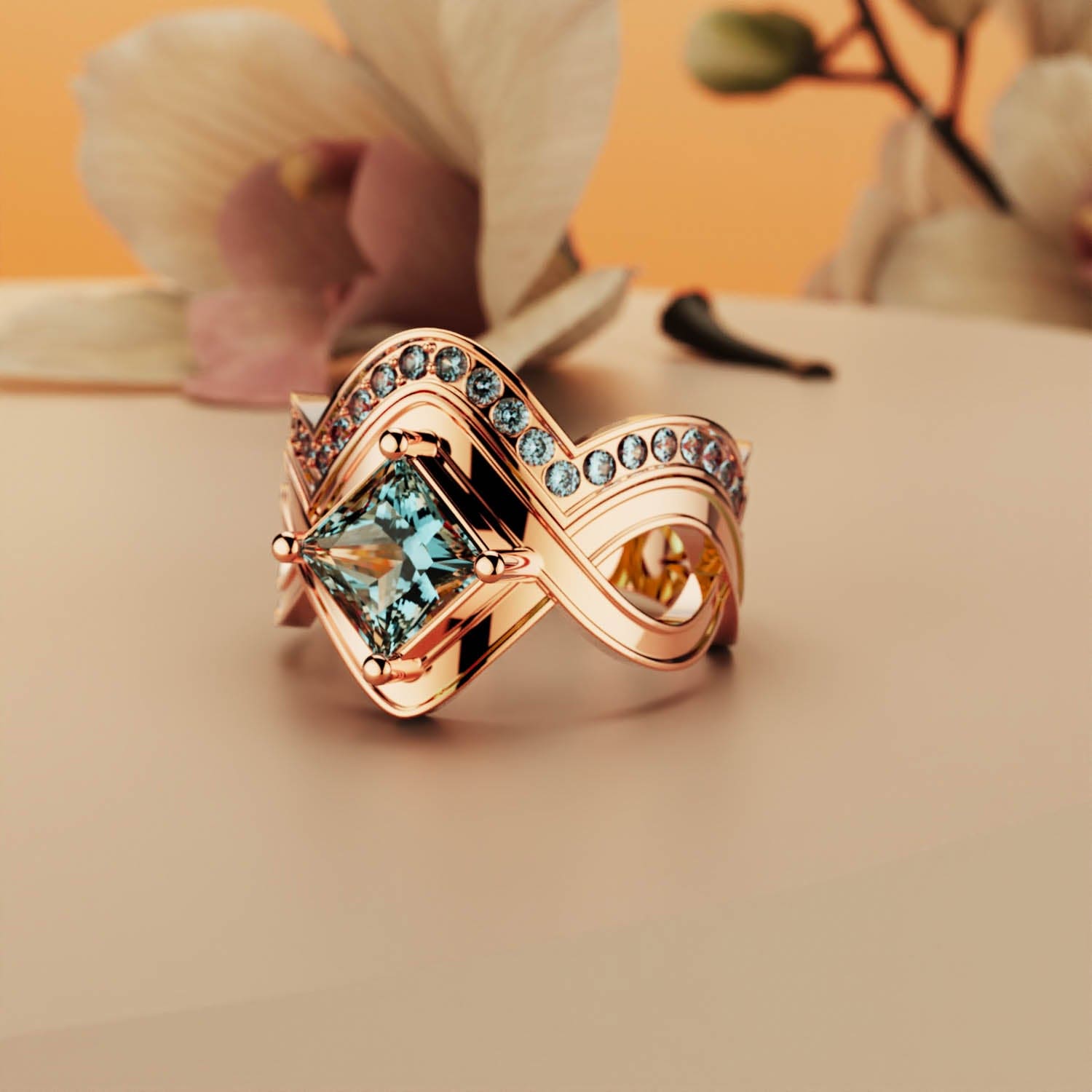 アクアエレガンス:プリンセスカット2ピースリング - 18Kローズゴールドヴェルメイユ