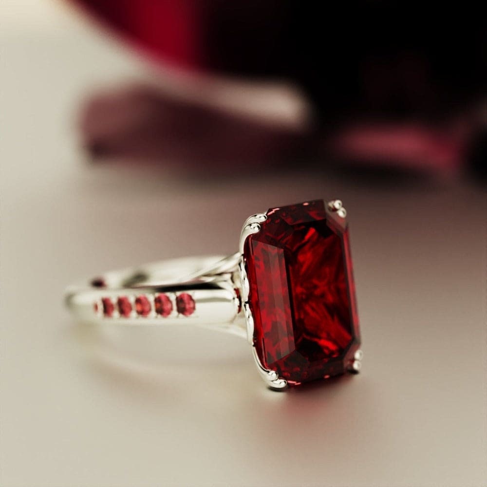 レッドドリーム:エメラルドカット ルビー スカルプテッドリング - S925 スターリングシルバー