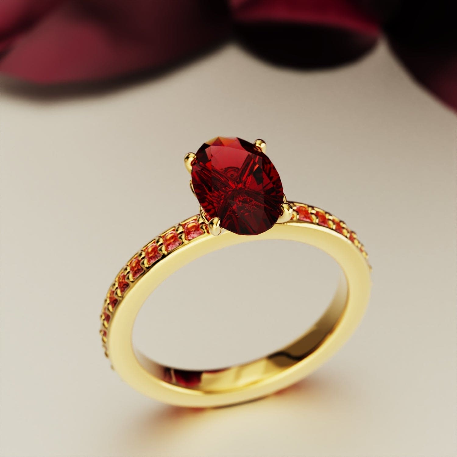 深紅のエレガンス:オーバルカット エタニティリング - 18Kゴールド ヴェルメイユ