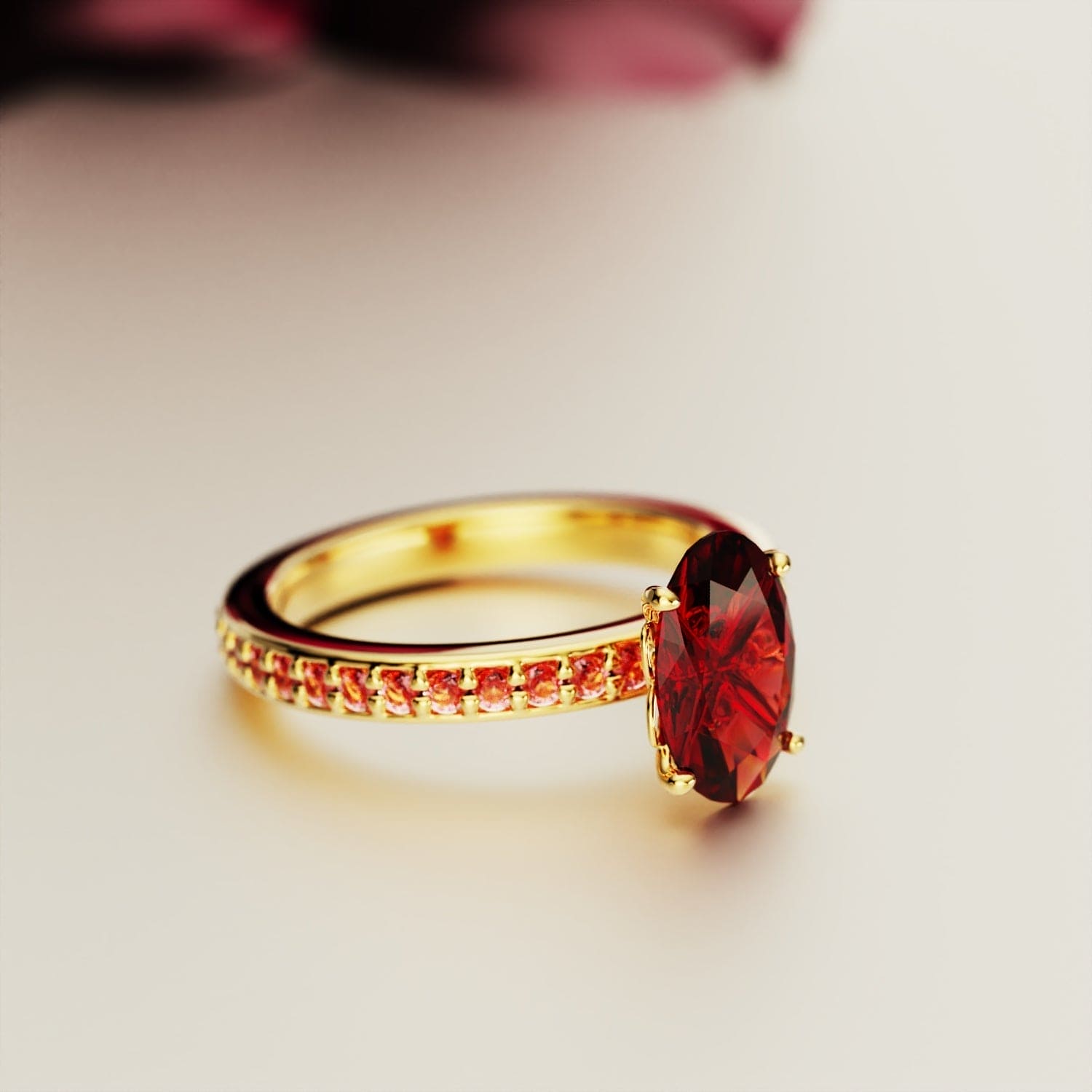 深紅のエレガンス:オーバルカット エタニティリング - 18Kゴールド ヴェルメイユ