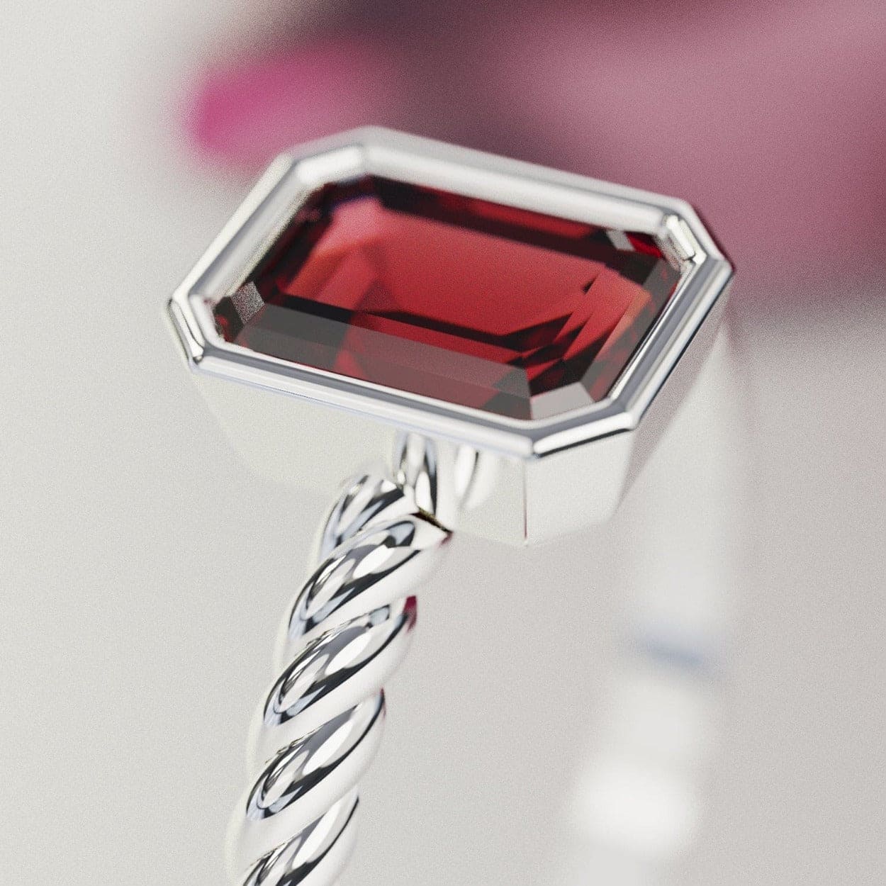 ザ ソリティア:エメラルドカット ガーネットリング - S925 スターリングシルバー