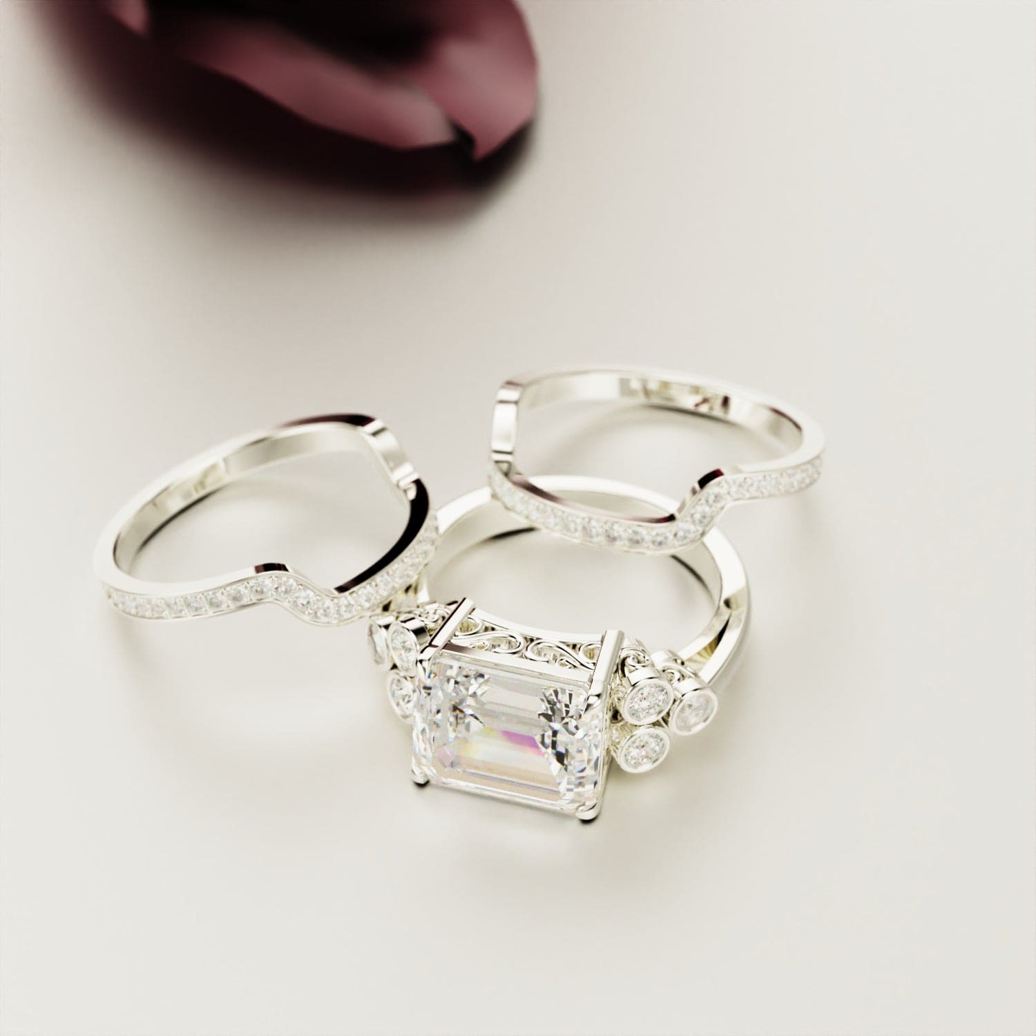 永遠の愛:エメラルドカットダイヤモンドリングセット - S925スターリングシルバー