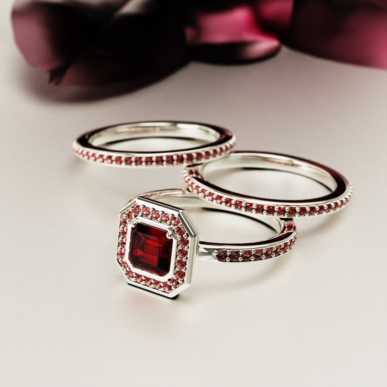 献身:エメラルドカット ルビー ハローリングセット - S925 スターリングシルバー