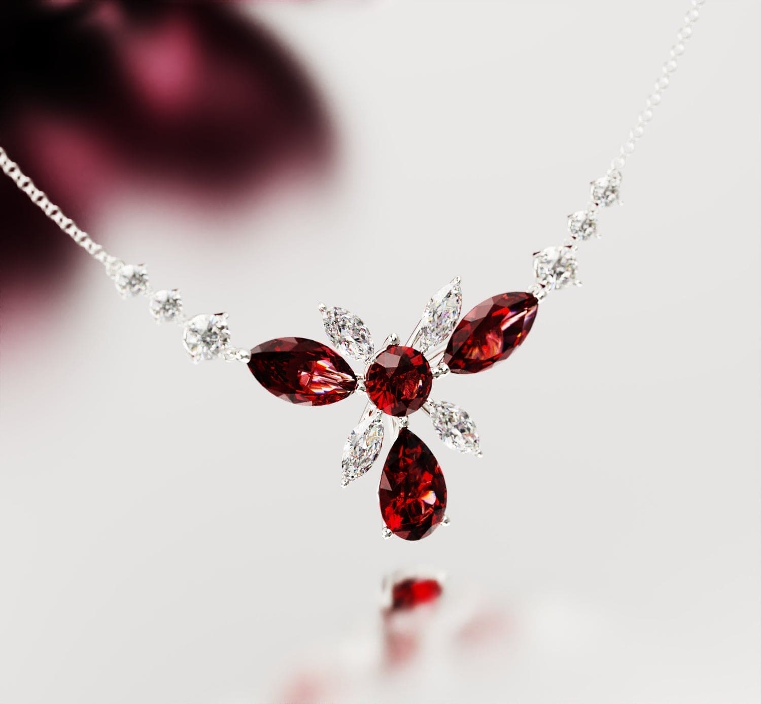 Crimson Bloom: collar floral de granate de talla redonda - S925