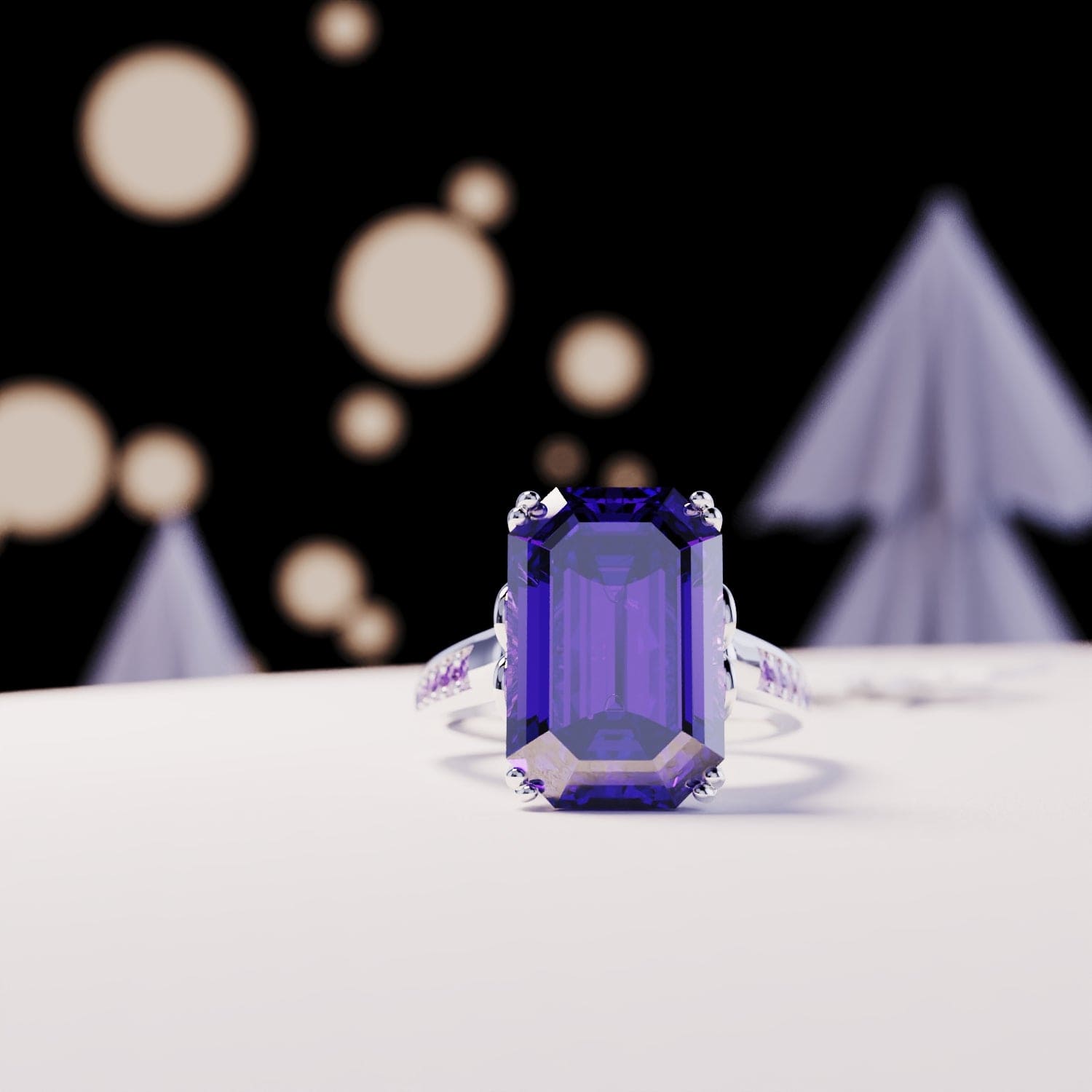 バイオレットドリーム:エメラルドカットリング - S925スターリングシルバー