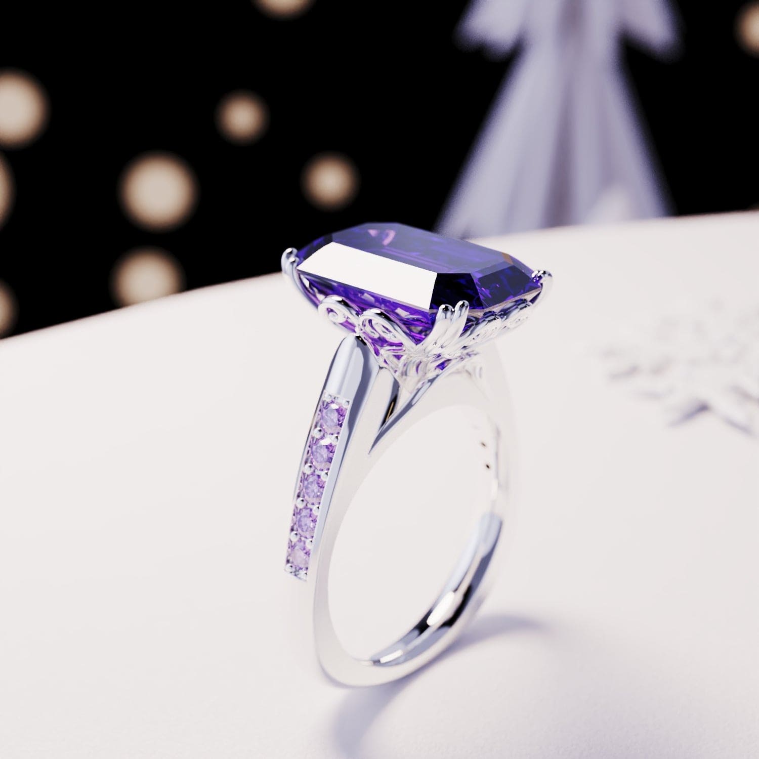 バイオレットドリーム:エメラルドカットリング - S925スターリングシルバー