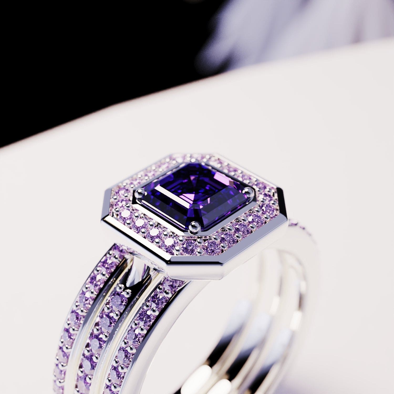 献身:エメラルドカット アメジスト 3in1 リングセット - S925 スターリングシルバー