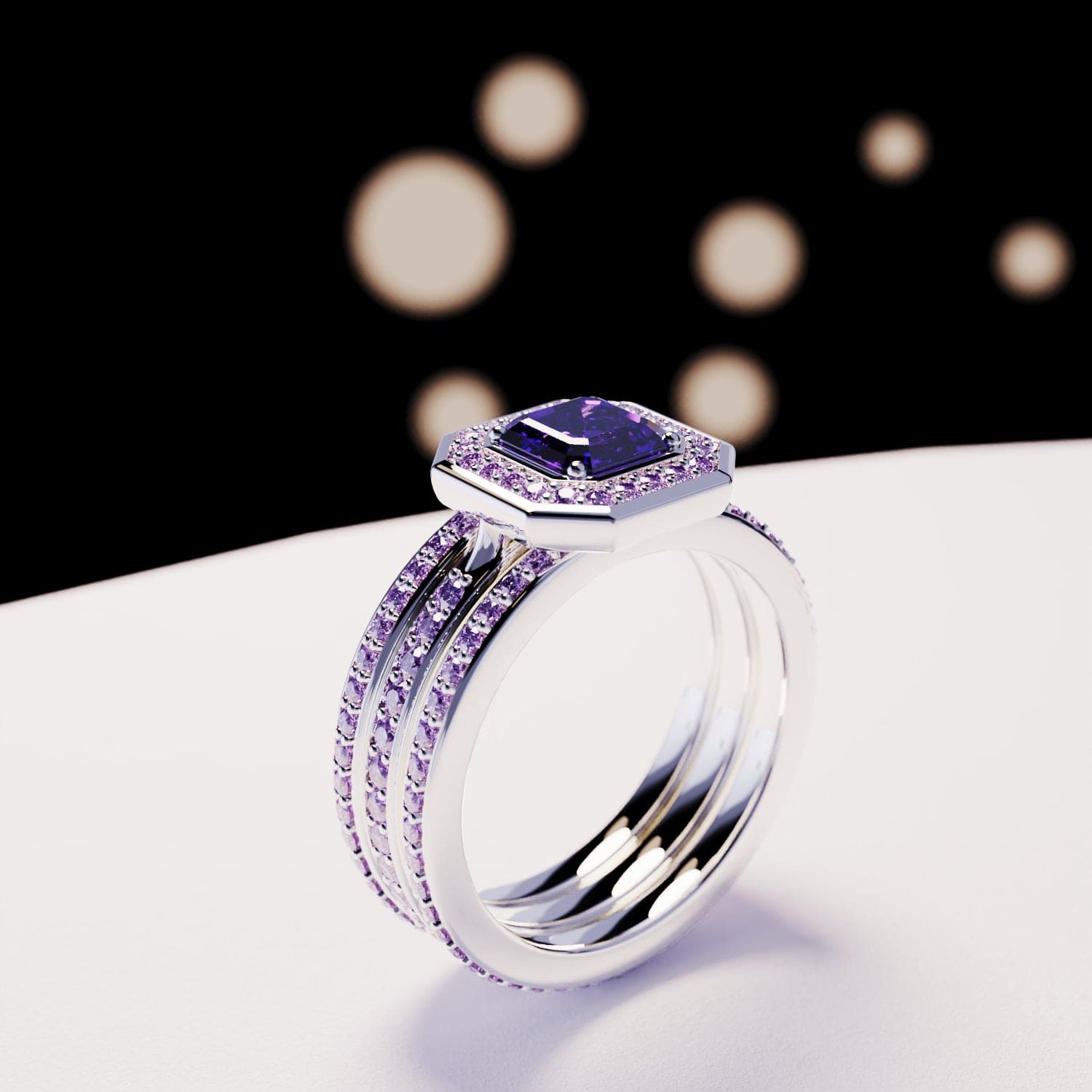 献身:エメラルドカット アメジスト 3in1 リングセット - S925 スターリングシルバー