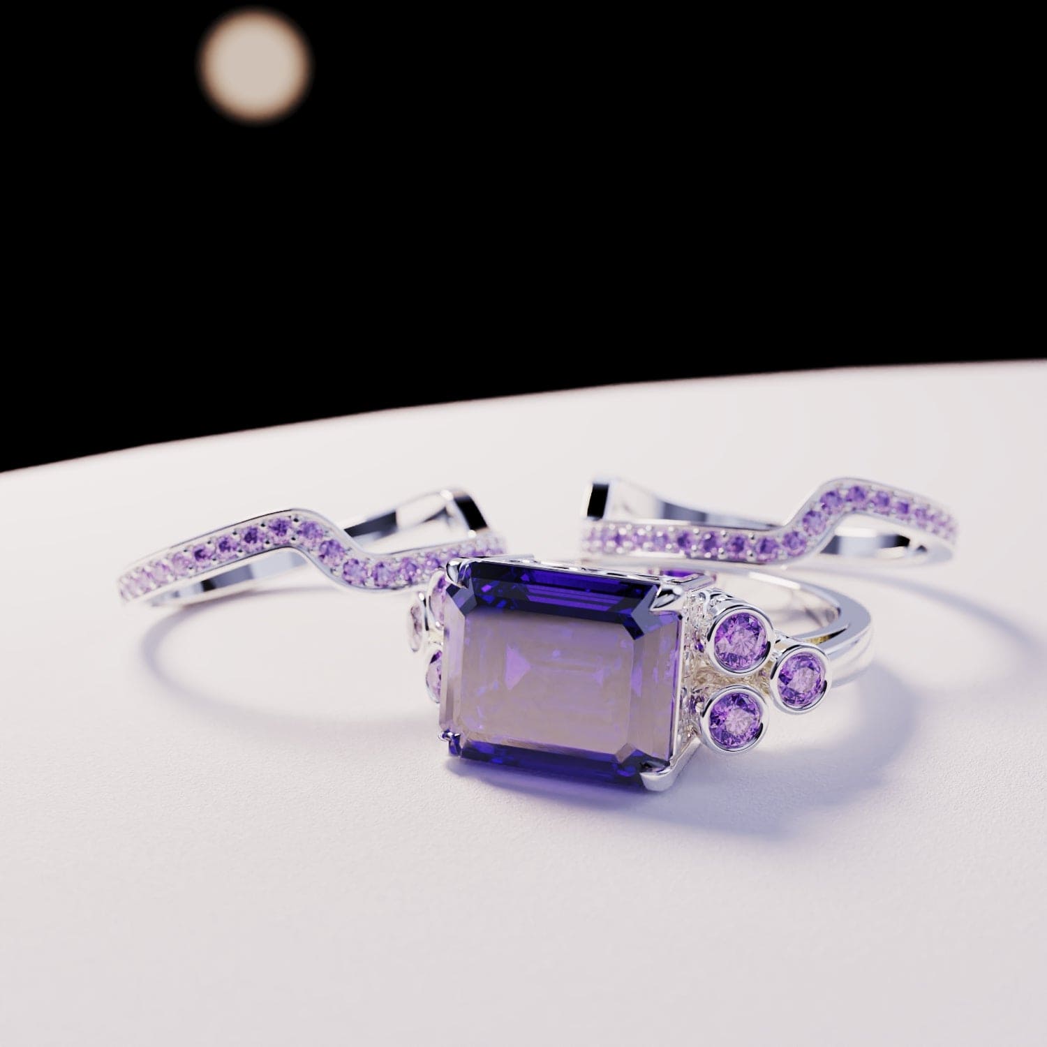 Violet Love: エメラルドカット トリプルリングセット - S925 スターリングシルバー