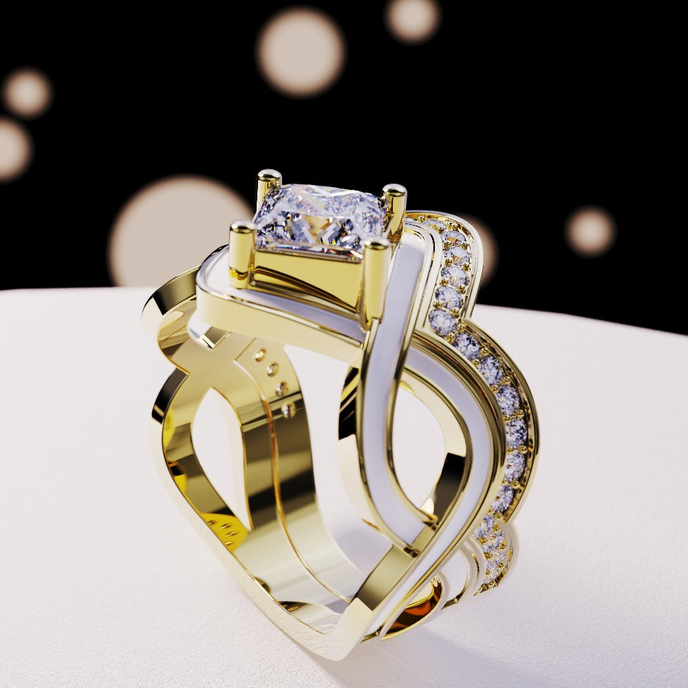 スノーウェーブ:ダイヤモンド2ピースリングセット - 18Kゴールドヴェルメイユ