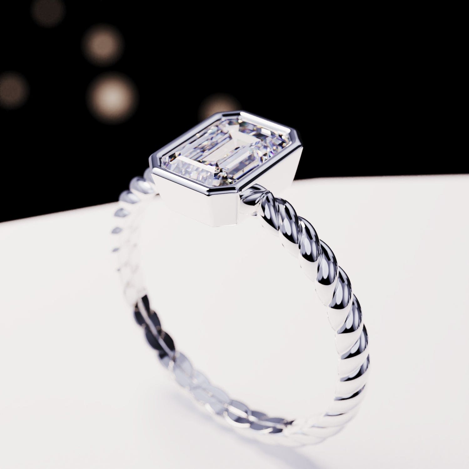 ソリティア:エメラルドカットダイヤモンドリング - S925スターリングシルバー