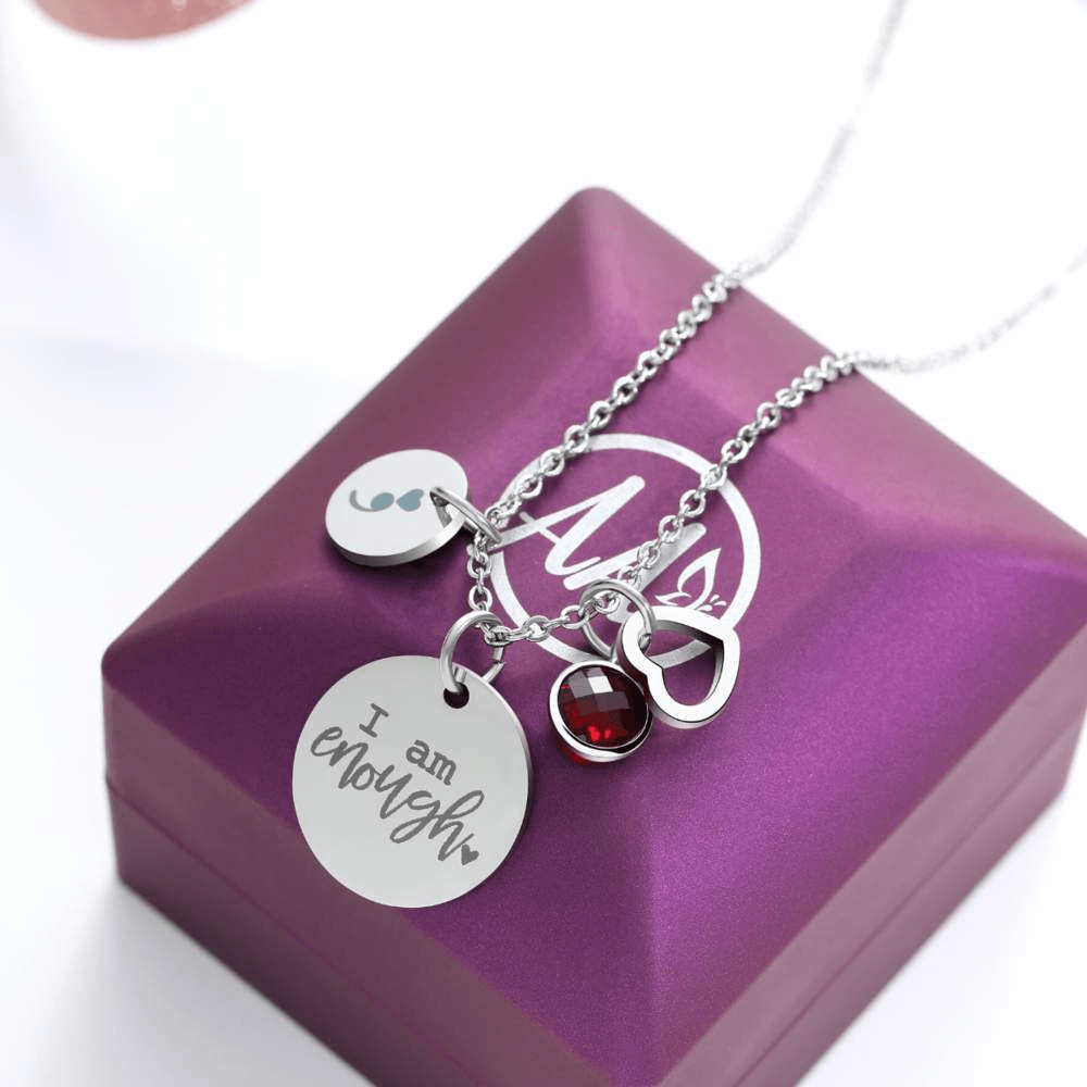 Birthstone 'I Am Enough' Necklace-Awareness Avenue™-Awareness,enough,gift: All,gift: Inspirational,IAmEnough,jewellery,Jewelry,Necklace,necklace: All,necklace: Inspirational,Semicolon,Silver
