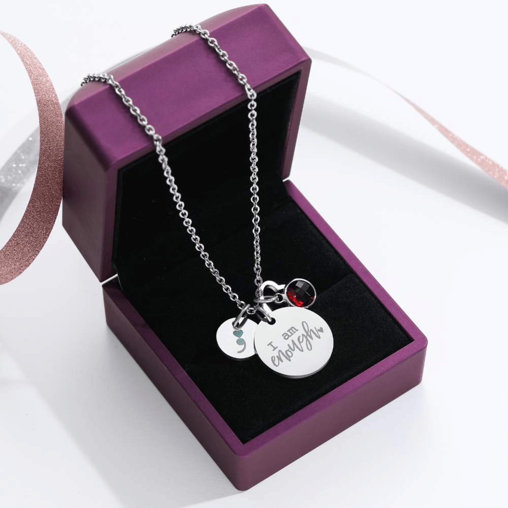Birthstone 'I Am Enough' Necklace-Awareness Avenue™-Awareness,enough,gift: All,gift: Inspirational,IAmEnough,jewellery,Jewelry,Necklace,necklace: All,necklace: Inspirational,Semicolon,Silver