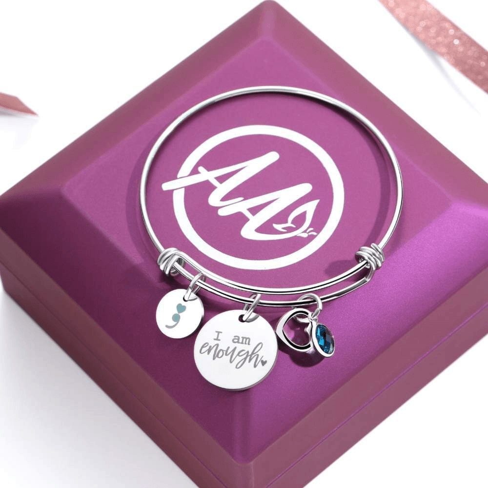 Birthstone 'I Am Enough' Bracelet-Awareness Avenue™-Awareness,bracelet,bracelet: All,bracelet: Inspirational,enough,gift: All,gift: Inspirational,IAmEnough,jewellery,Jewelry,Semicolon,Silver