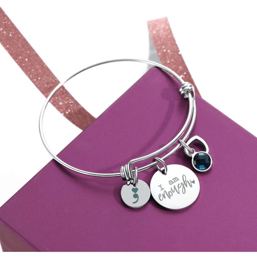 Birthstone 'I Am Enough' Bracelet-Awareness Avenue™-Awareness,bracelet,bracelet: All,bracelet: Inspirational,enough,gift: All,gift: Inspirational,IAmEnough,jewellery,Jewelry,Semicolon,Silver