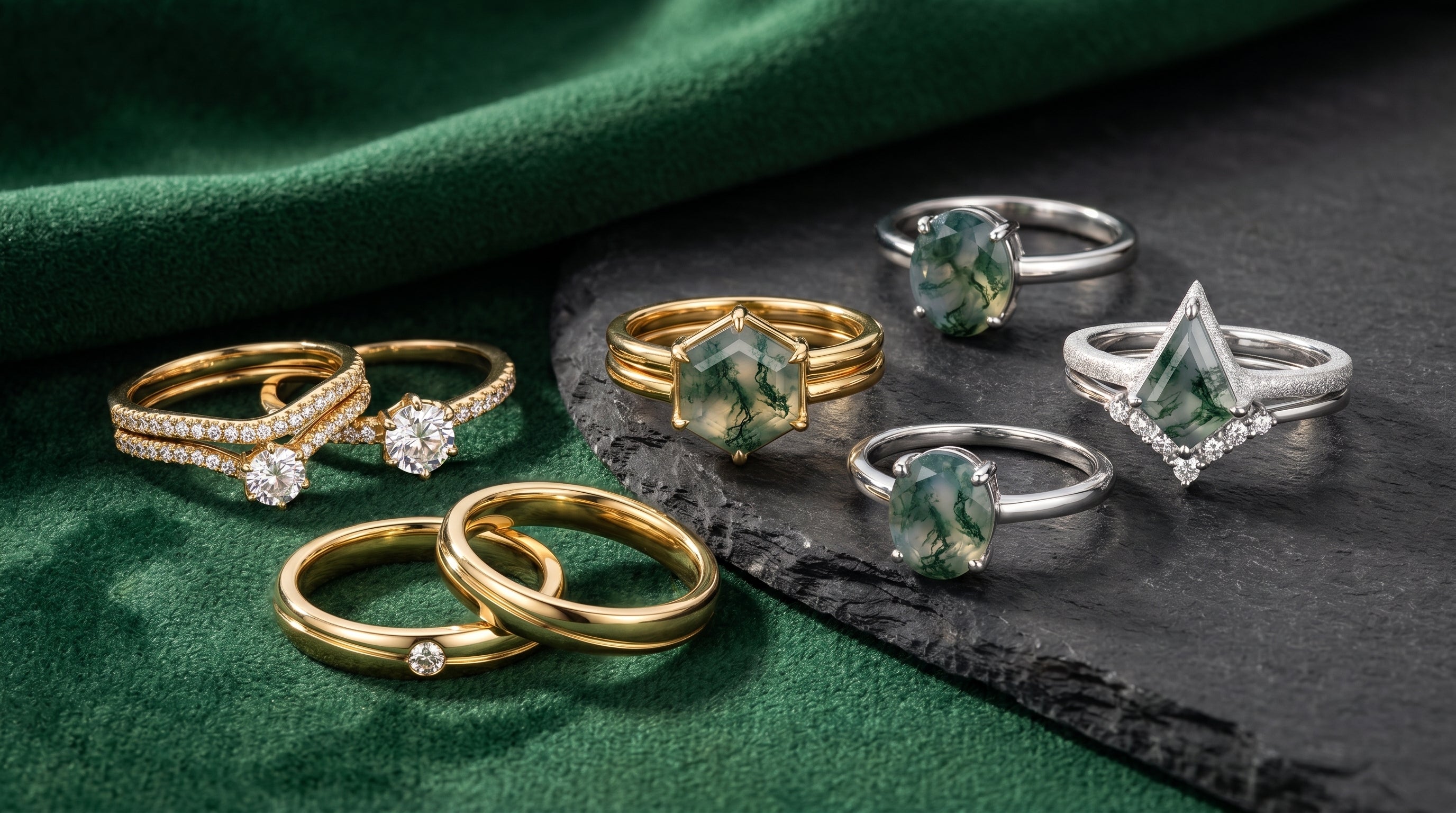 moss agate engagement ring set - hero image