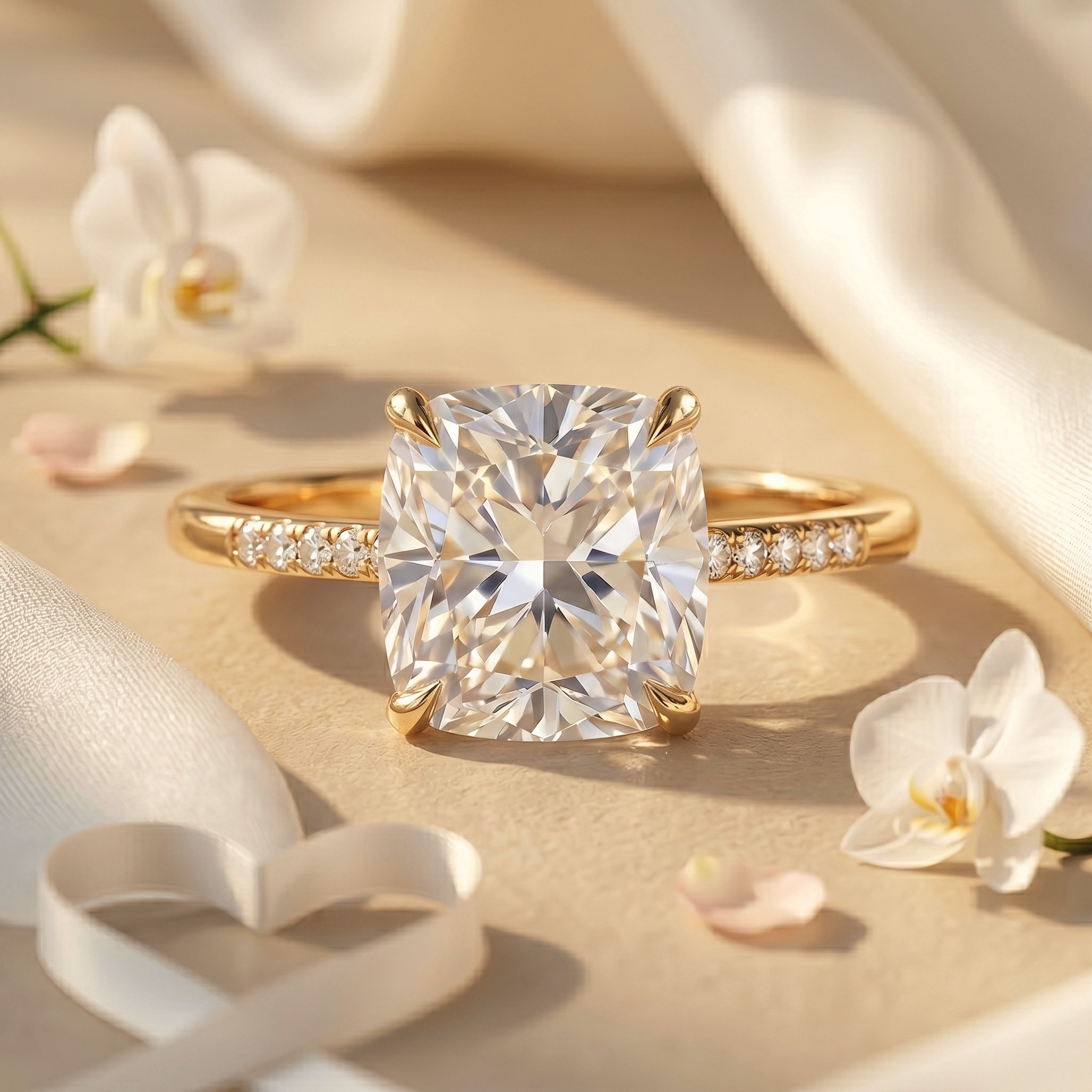 A stunning cushion-cut moissanite engagement ring in a yellow gold band with diamond accents on the shoulders.