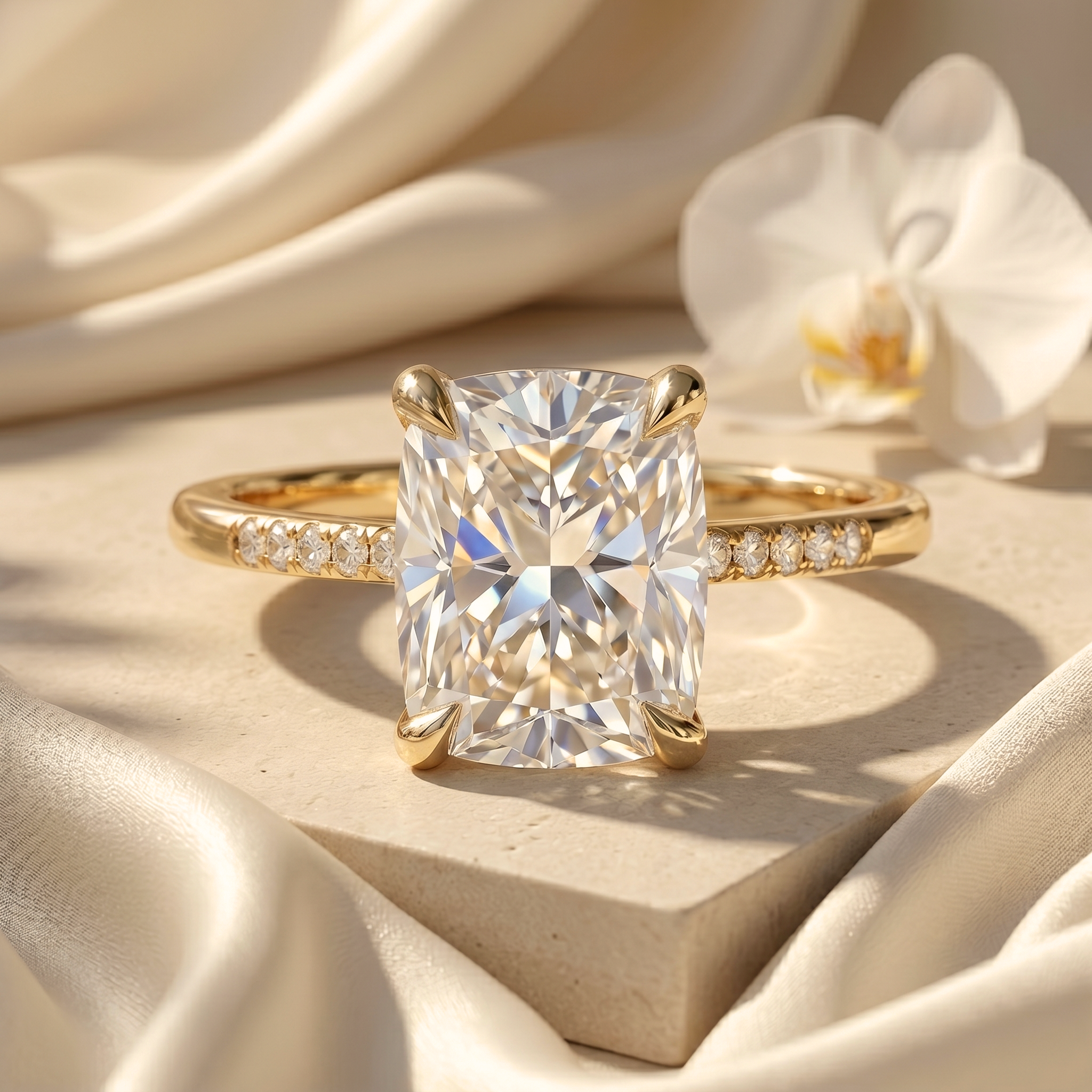 An elegant gold cushion-cut moissanite engagement ring with a brilliant pave band on a silk background.