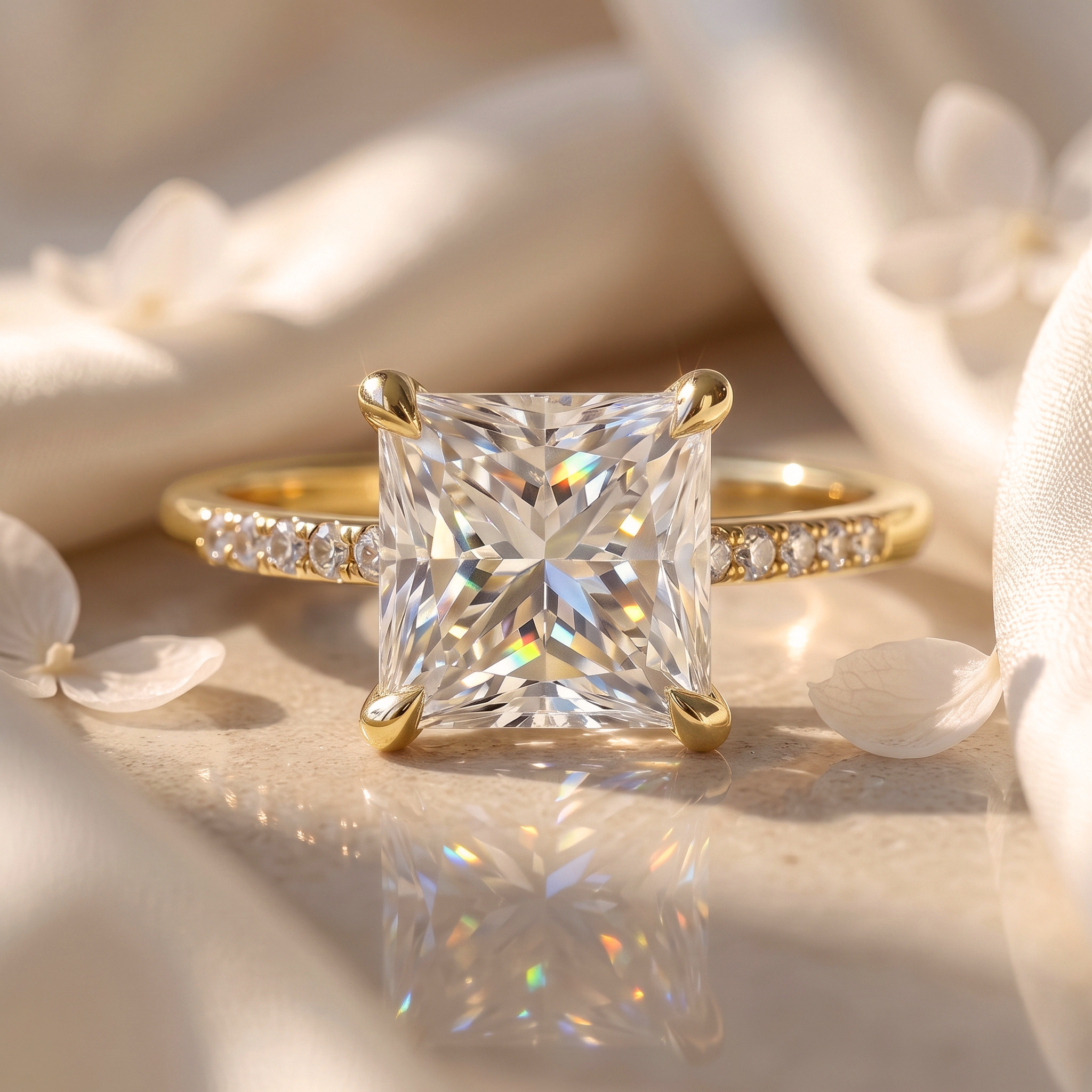 A stunning princess cut moissanite engagement ring in yellow gold with a sparkling diamond-accented band, displayed in a elegant flatlay.