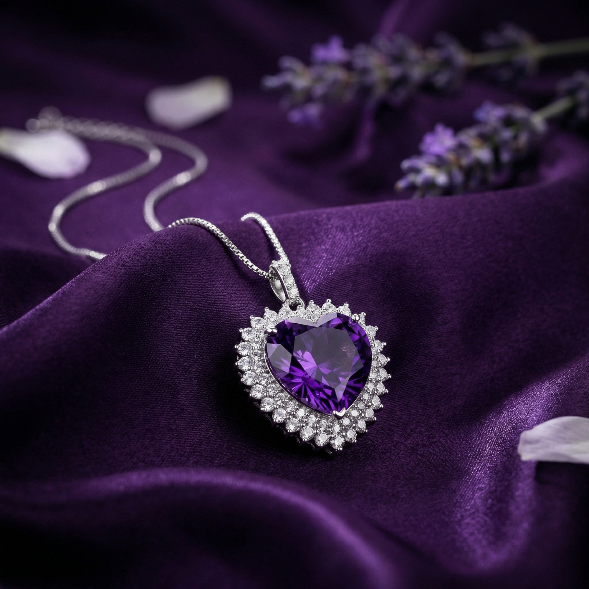Heart-cut amethyst pendant in sterling silver with a halo setting on purple silk fabric with lavender sprigs.