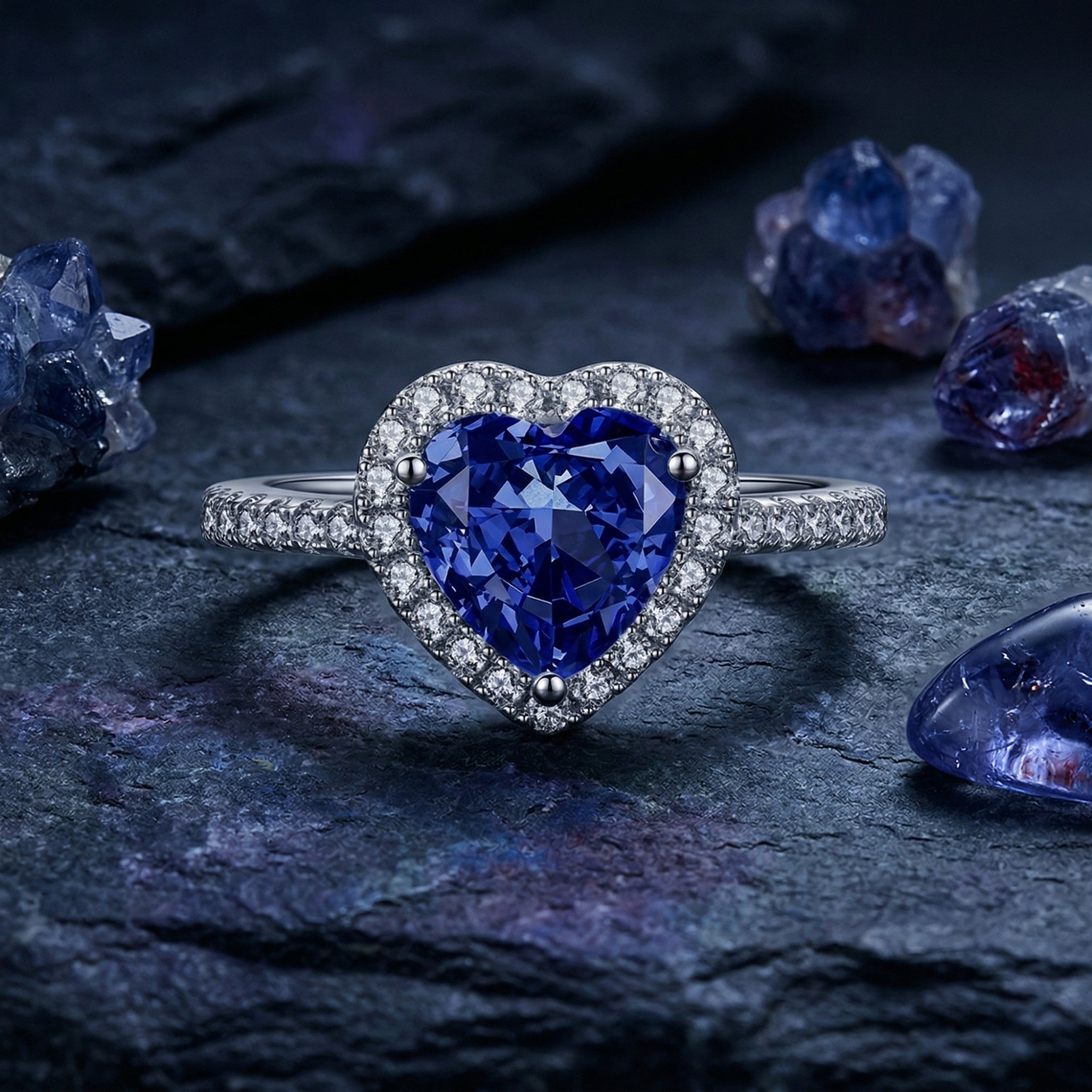 Heart-cut natural tanzanite halo ring in sterling silver on a dark stone background with raw crystals.