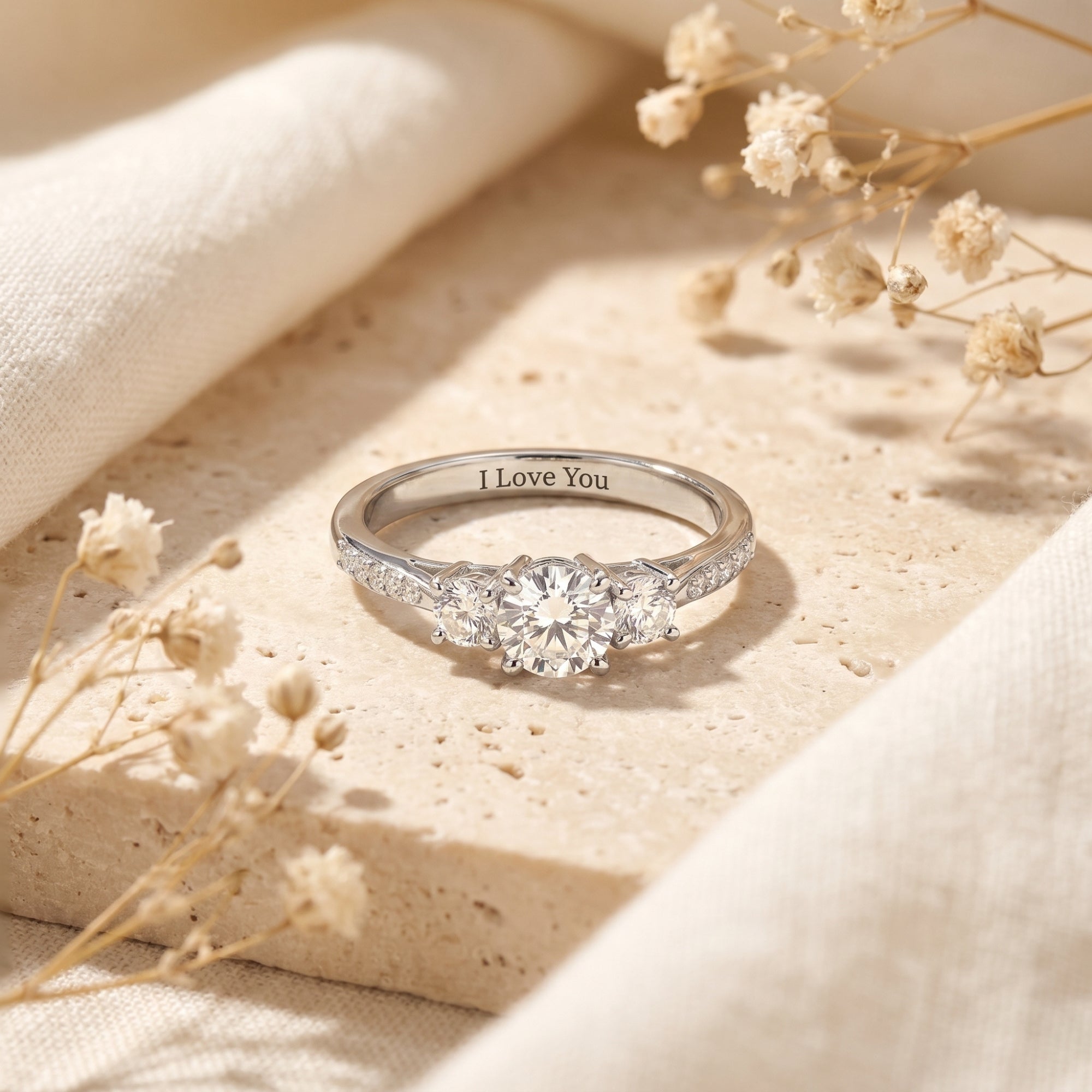 Sterling silver Roselysse ring with round cut simulated diamond and I Love You engraving on a stone background.