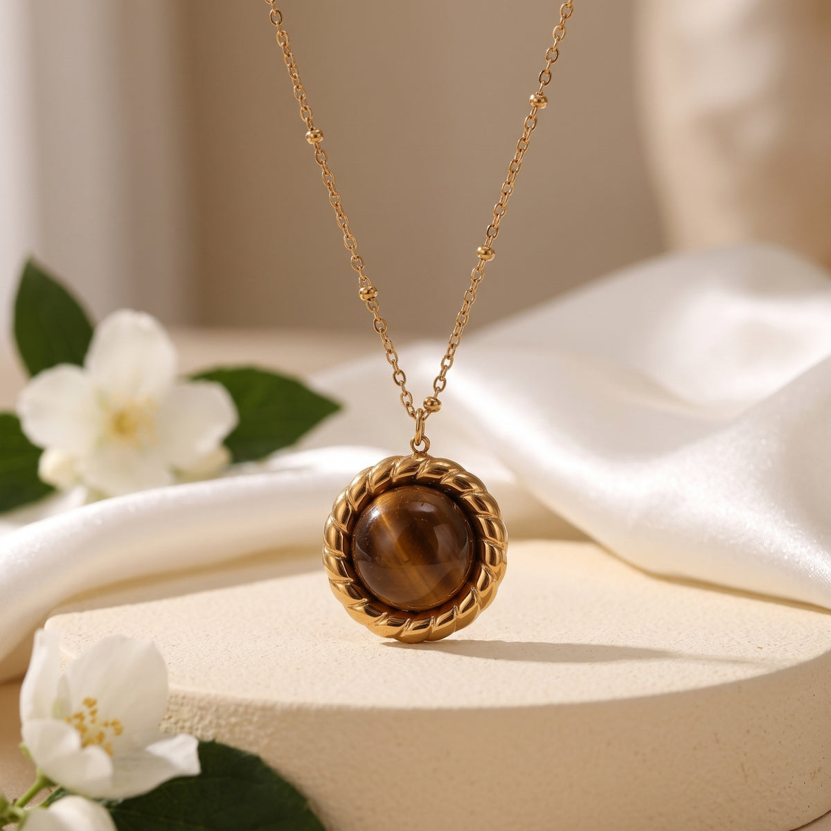 Gold-tone station chain with a round brown cabochon pendant in a twisted rope frame on a cream pedestal