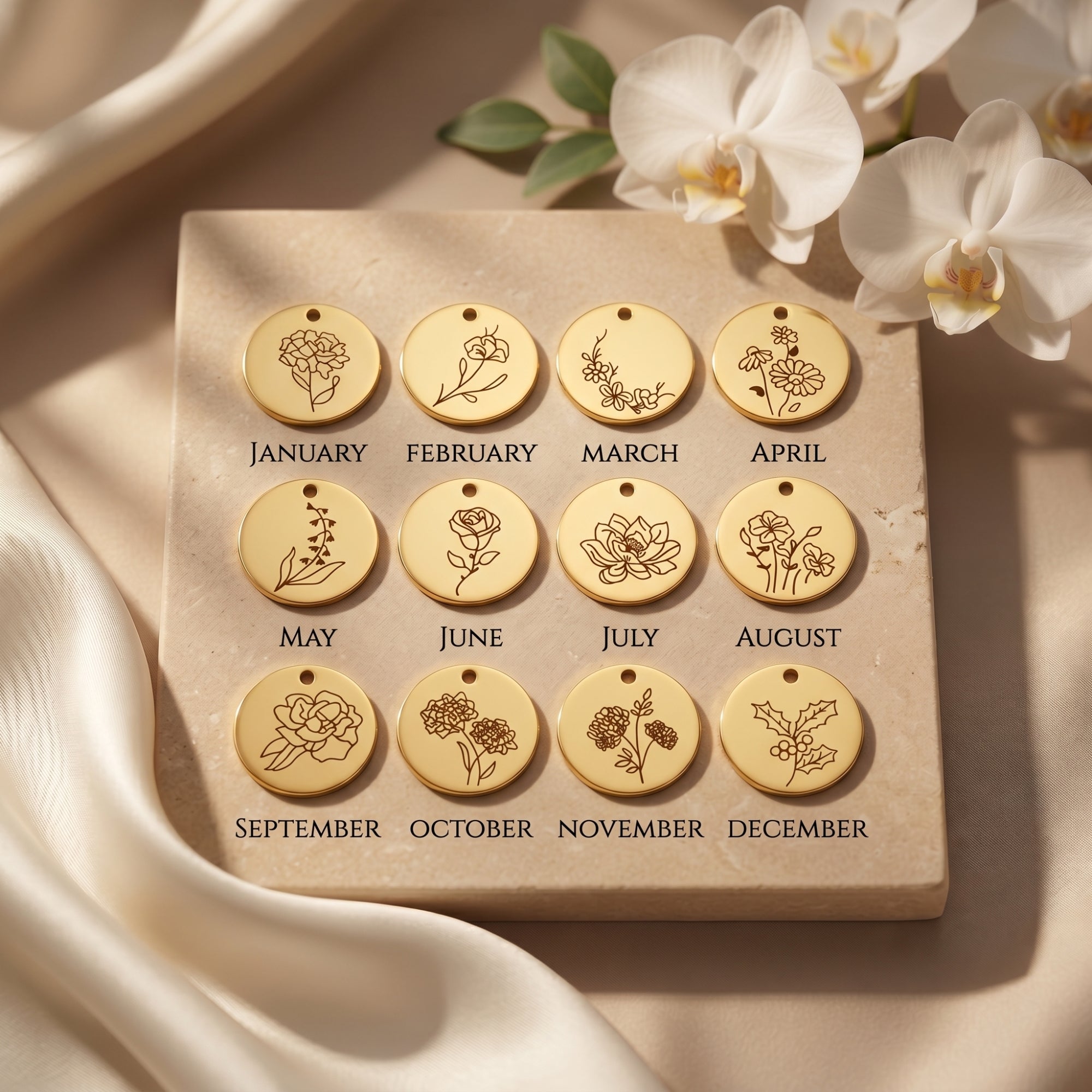 18K gold finish birth flower pendants for all twelve months displayed on a stone slab with white orchids.