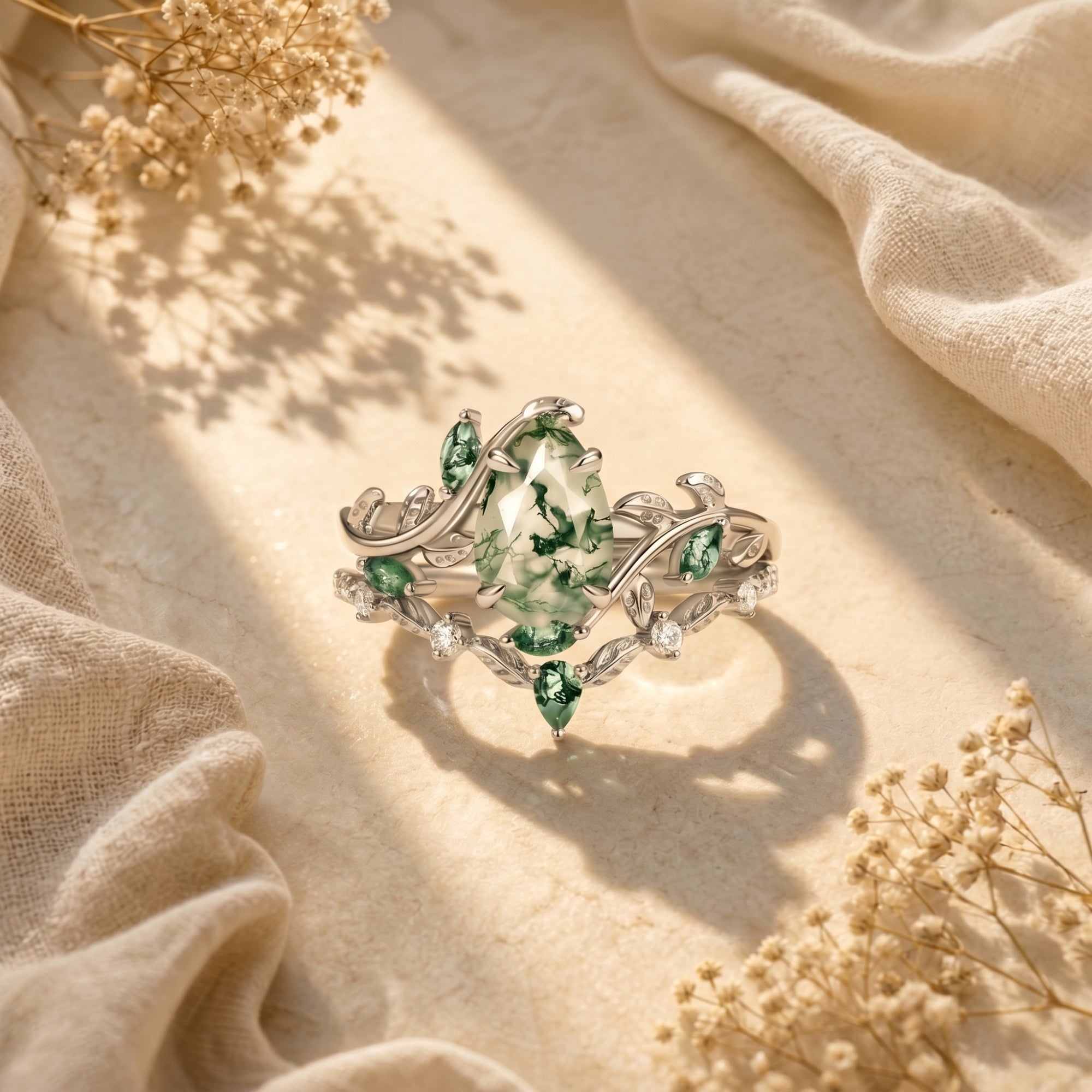 Cypria moss agate ring set in silver with pear-cut center stone on a neutral lifestyle background.