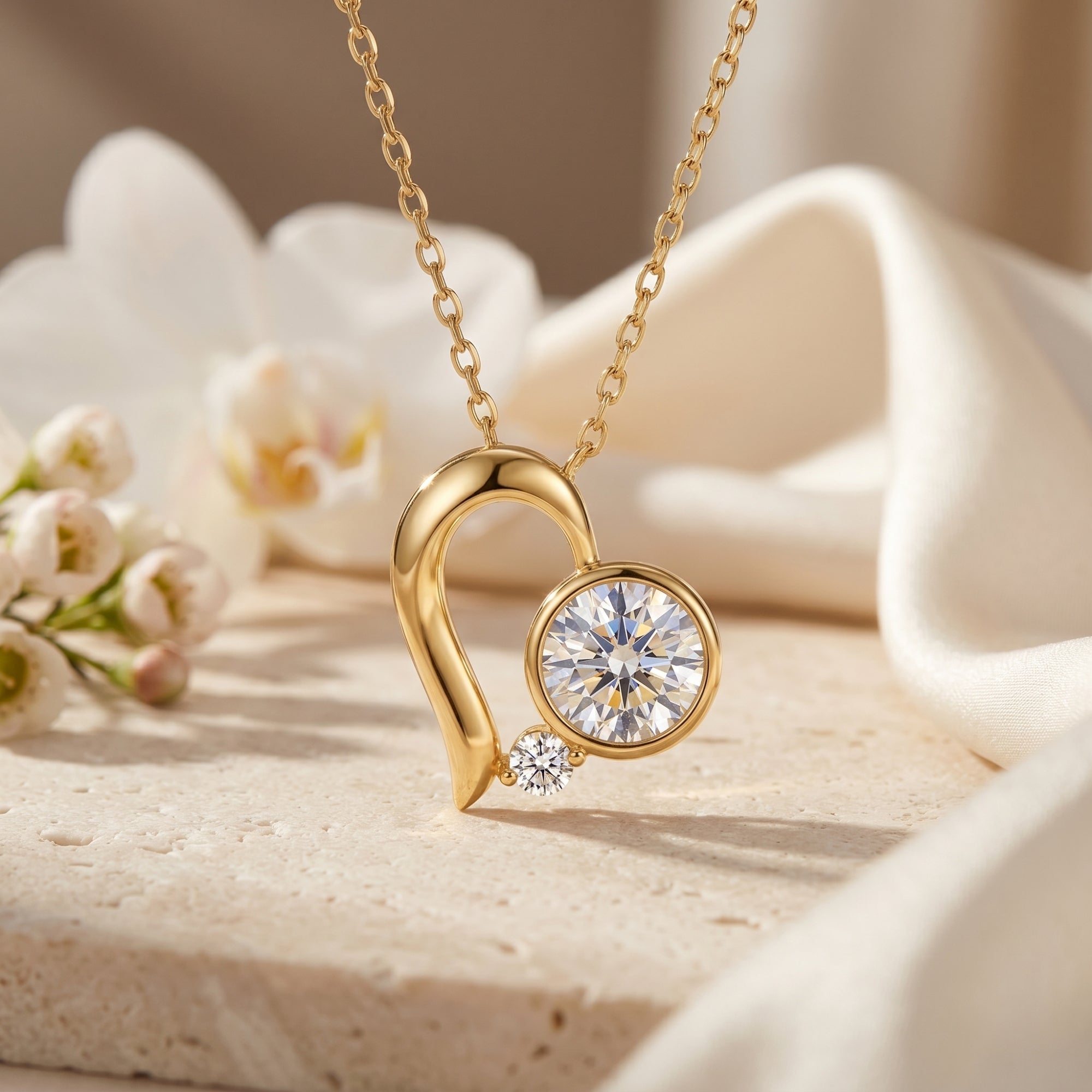 Gold heart moissanite pendant necklace with round cut stones on a lifestyle background.