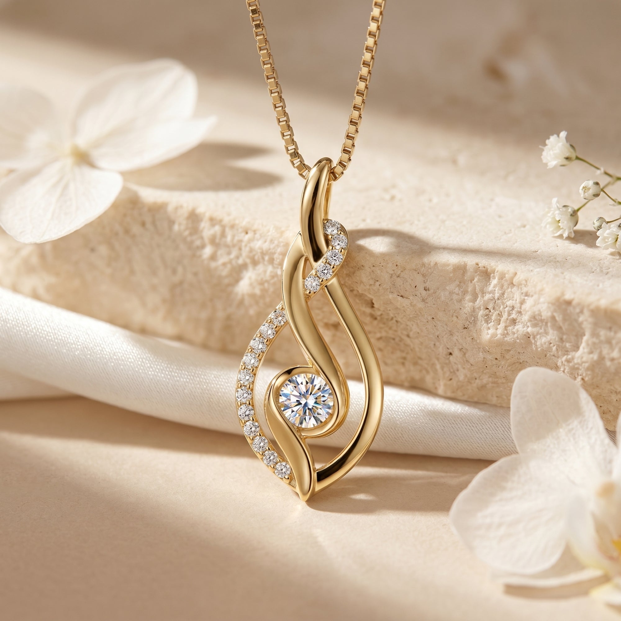 Yellow gold moissanite swirl pendant with round solitaire on a styled stone background.