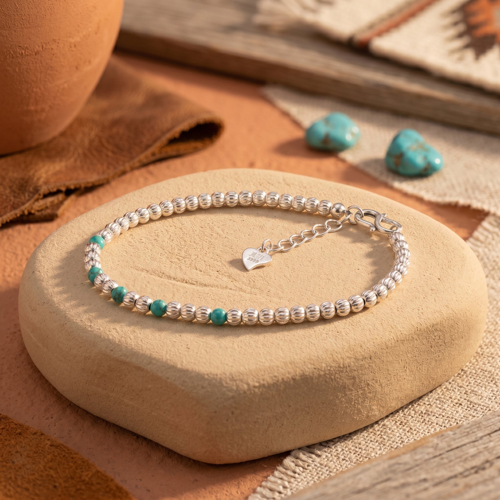 Silver bead bracelet with turquoise accents on a desert stone.