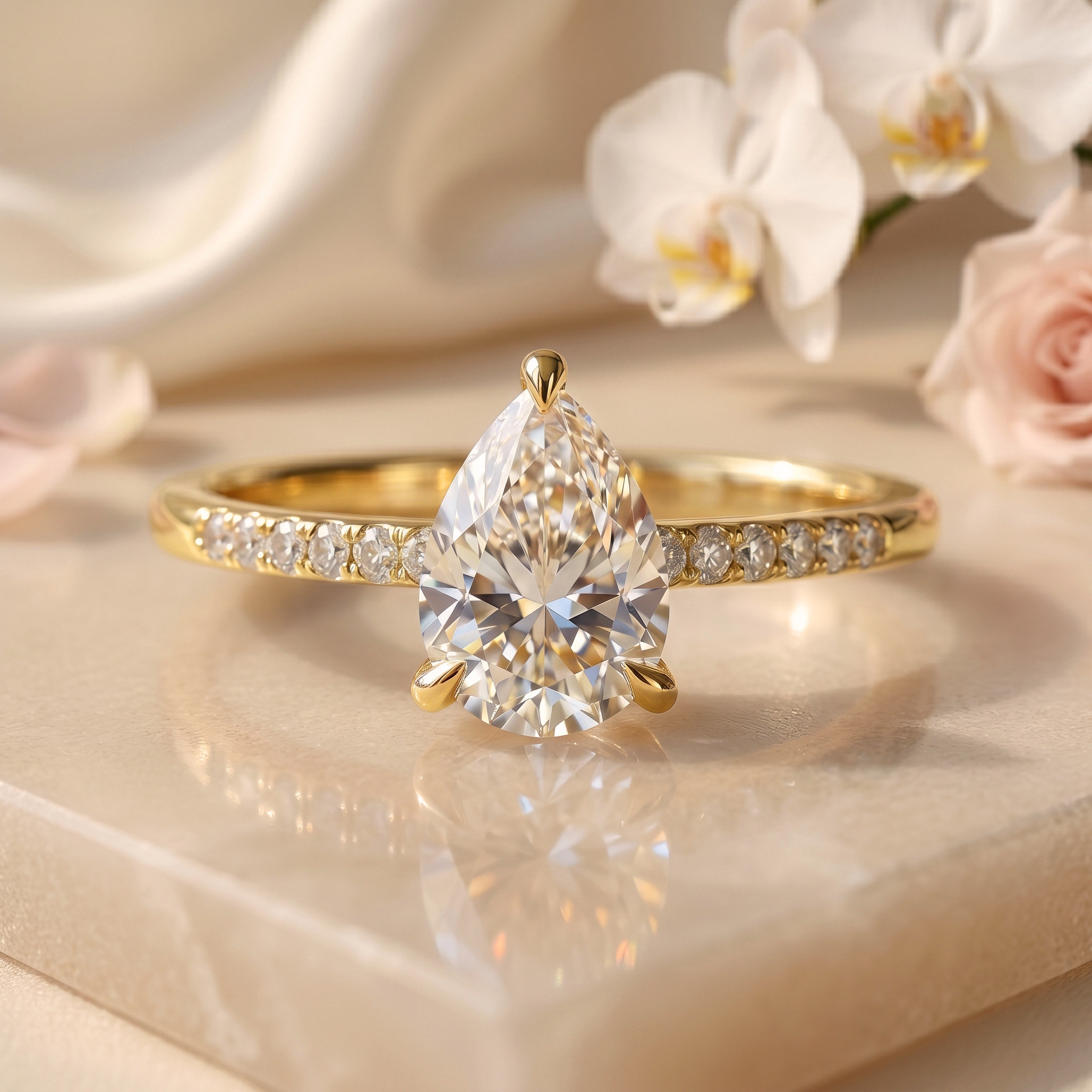 A front-facing view of a brilliant pear-cut moissanite engagement ring in yellow gold with a diamond-accented band.